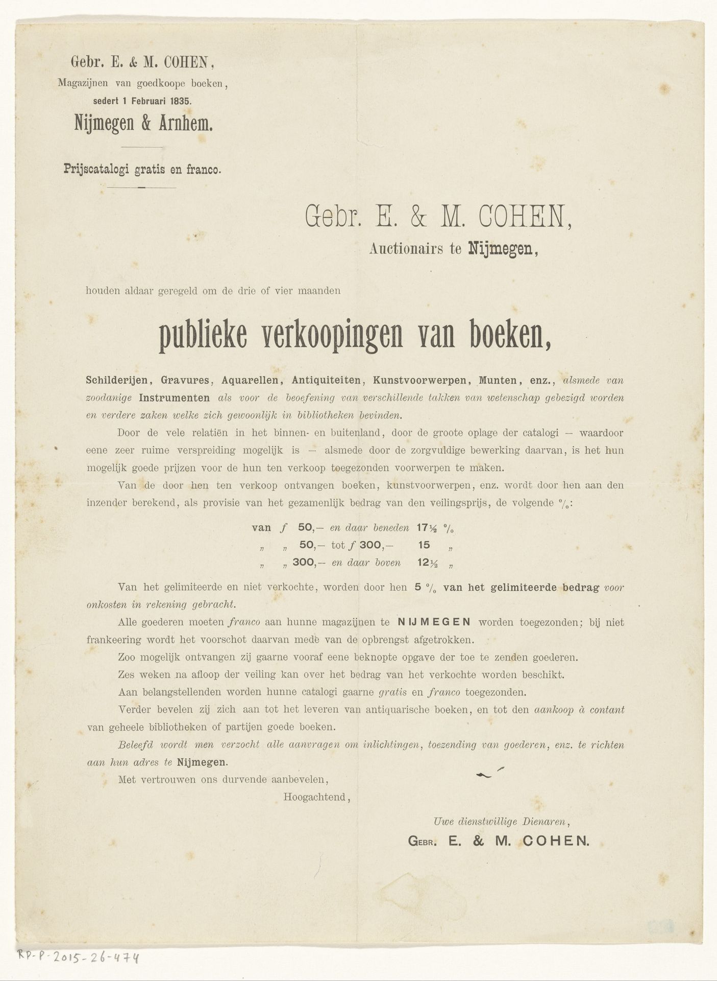 Advertentie van Gebr. E & M. Cohen, veilinghouders te Nijmegen by E. & M. Cohen