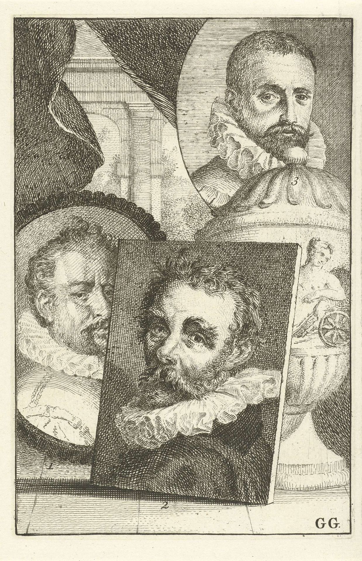 Portretten van Bartholomeus Spranger, Cornelis Ketel en Paul Bril by Jan l' Admiral