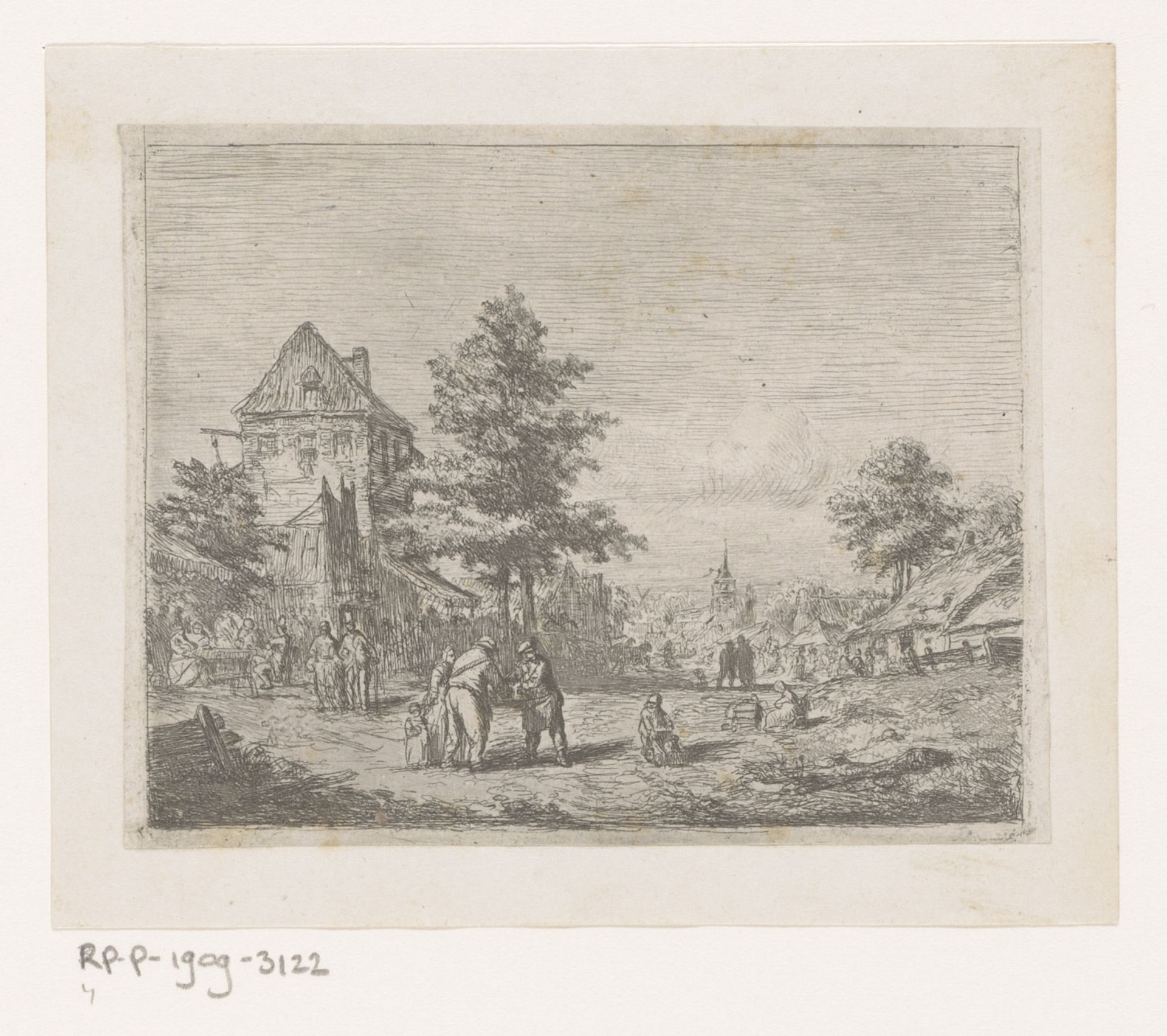 Dorpsgezicht met veel mensen op straat en een kerk op de achtergrond by Florent Nicolas Crabeels