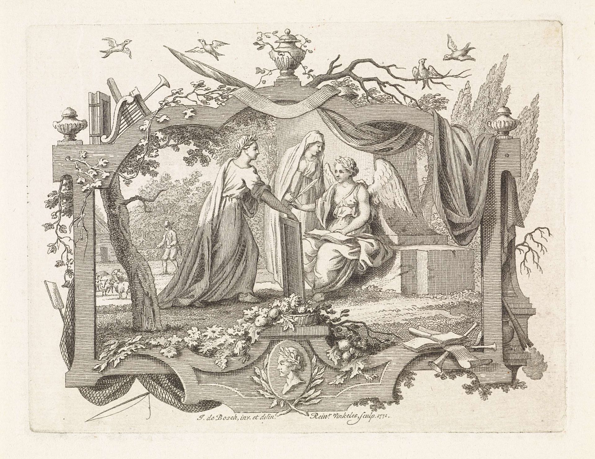Engel en twee vrouwen in een allegorische omlijsting by Reinier Vinkeles