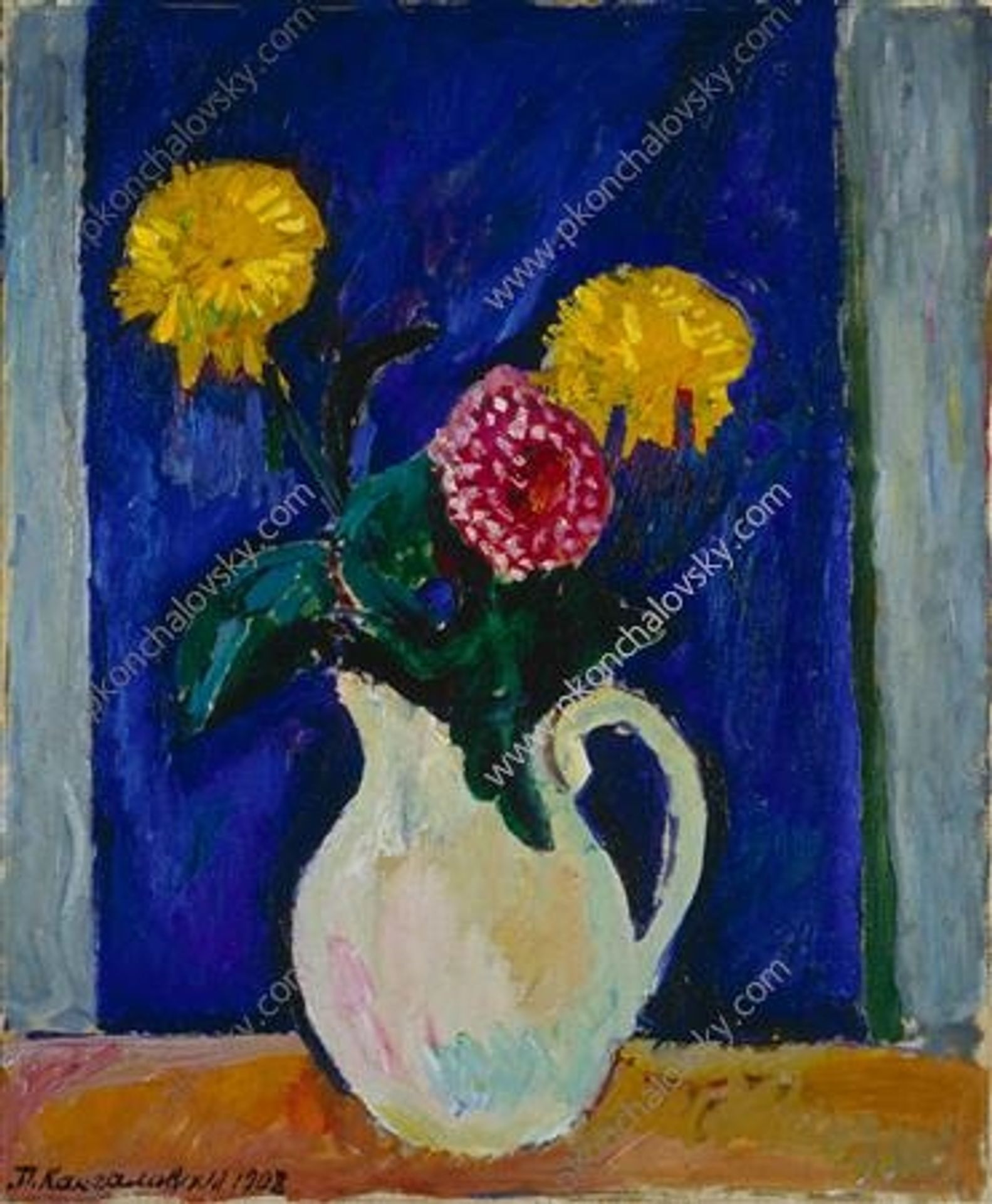 Flowers in a high vase. by Pyotr Konchalovsky