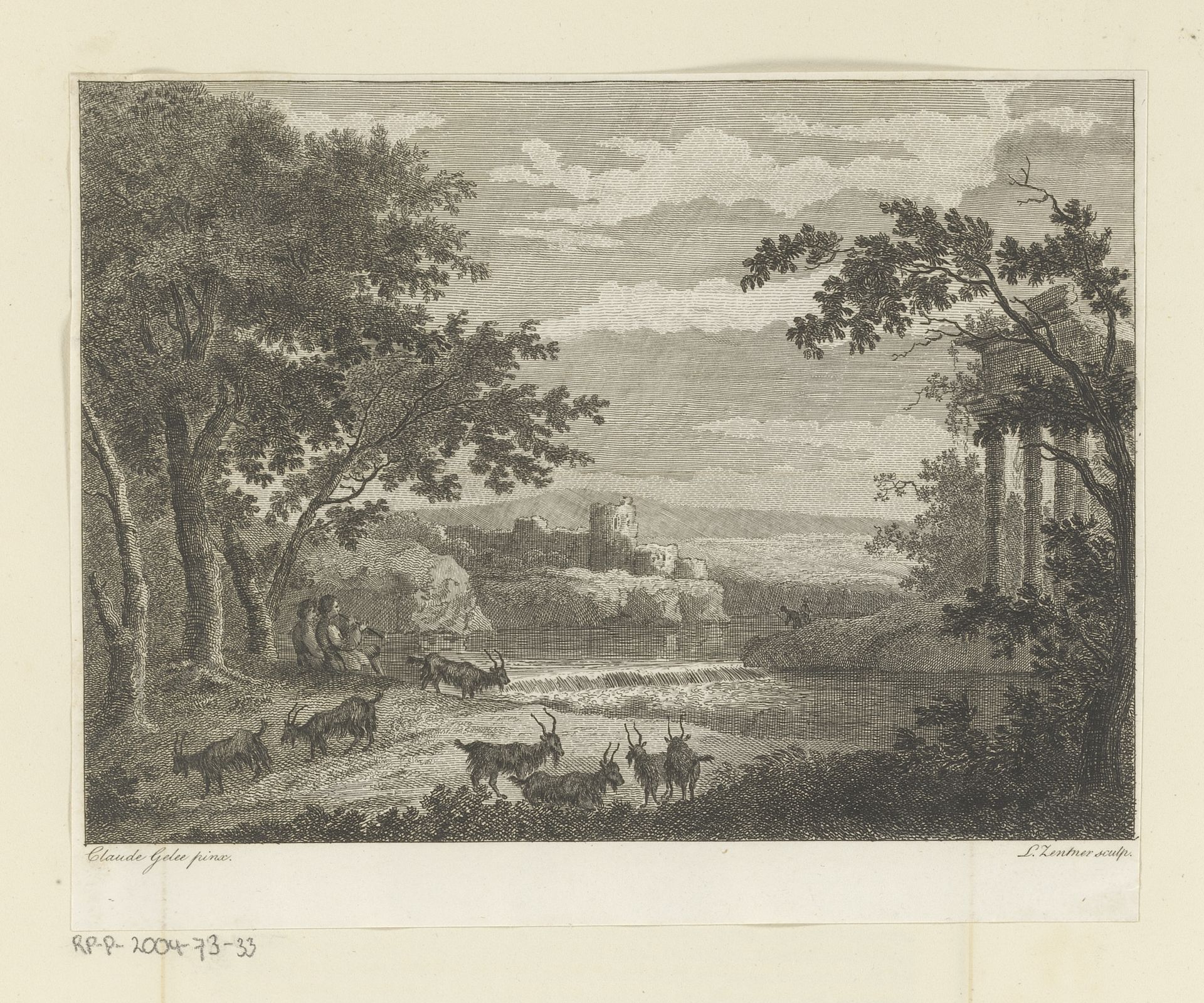 Rivierlandschap met ruïnes, herders en geiten by J.L.L.C. Zentner