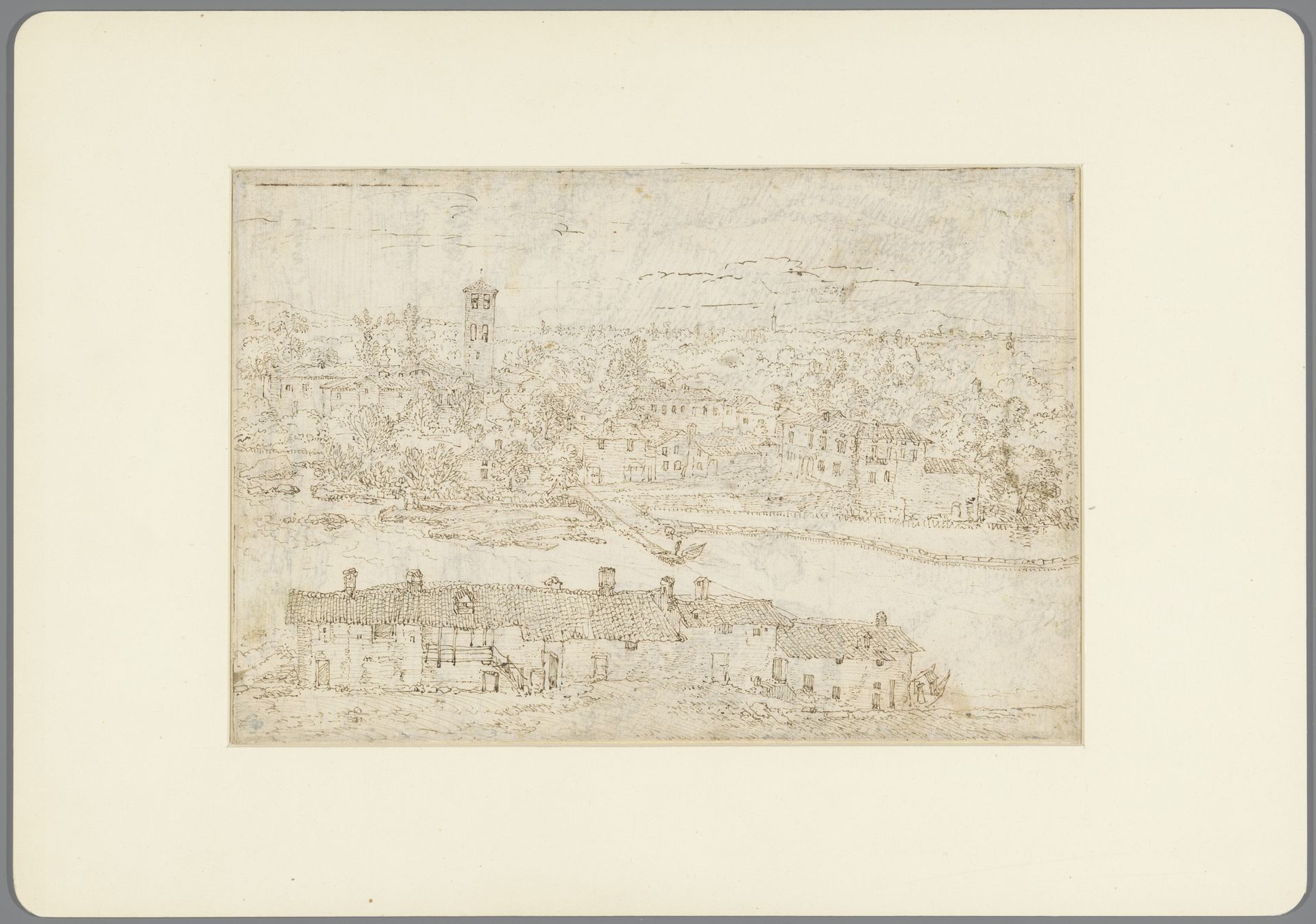 Landschap met gezicht op dorp aan rivier by Gaspard Dughet