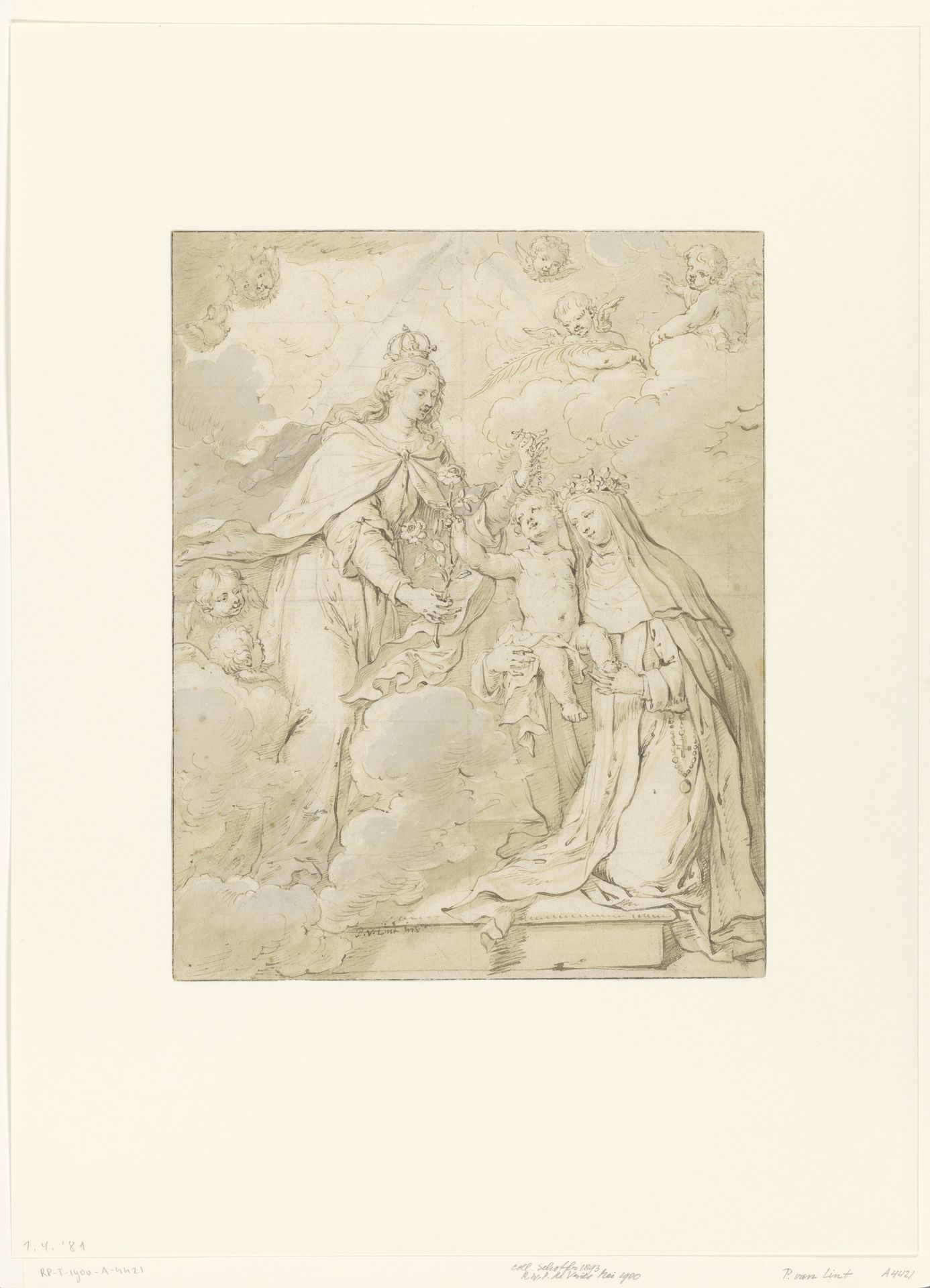 Vrouwelijke heilige met Christuskind bij Maria by Peter van Lint
