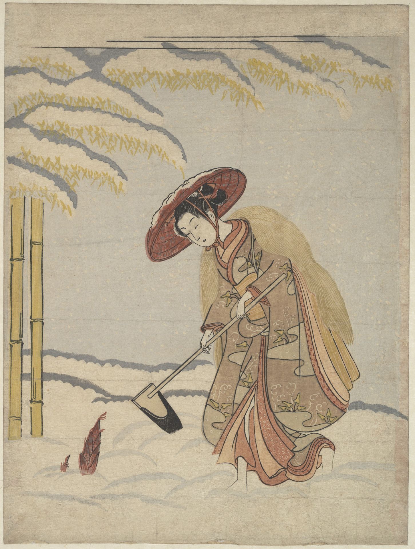 Woman Digging Bamboo Shoots in the Snow, or Parody of Meng Zong (Mōsō), from Twenty-Four Paragons of Filial Piety by Suzuki Harunobu 鈴木春信