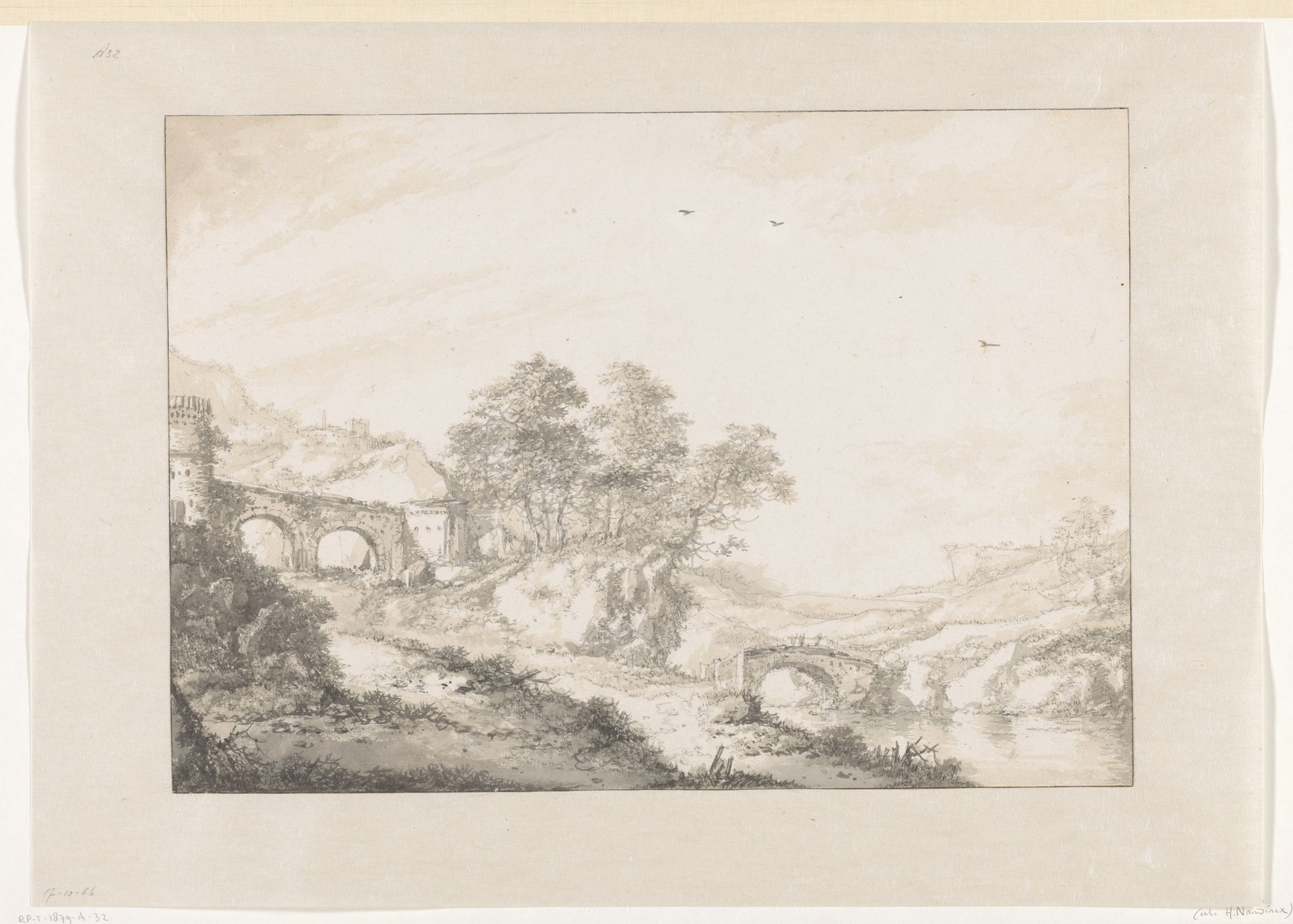 Bergachtig landschap met een stenen brug en muur by Herman Naiwincx