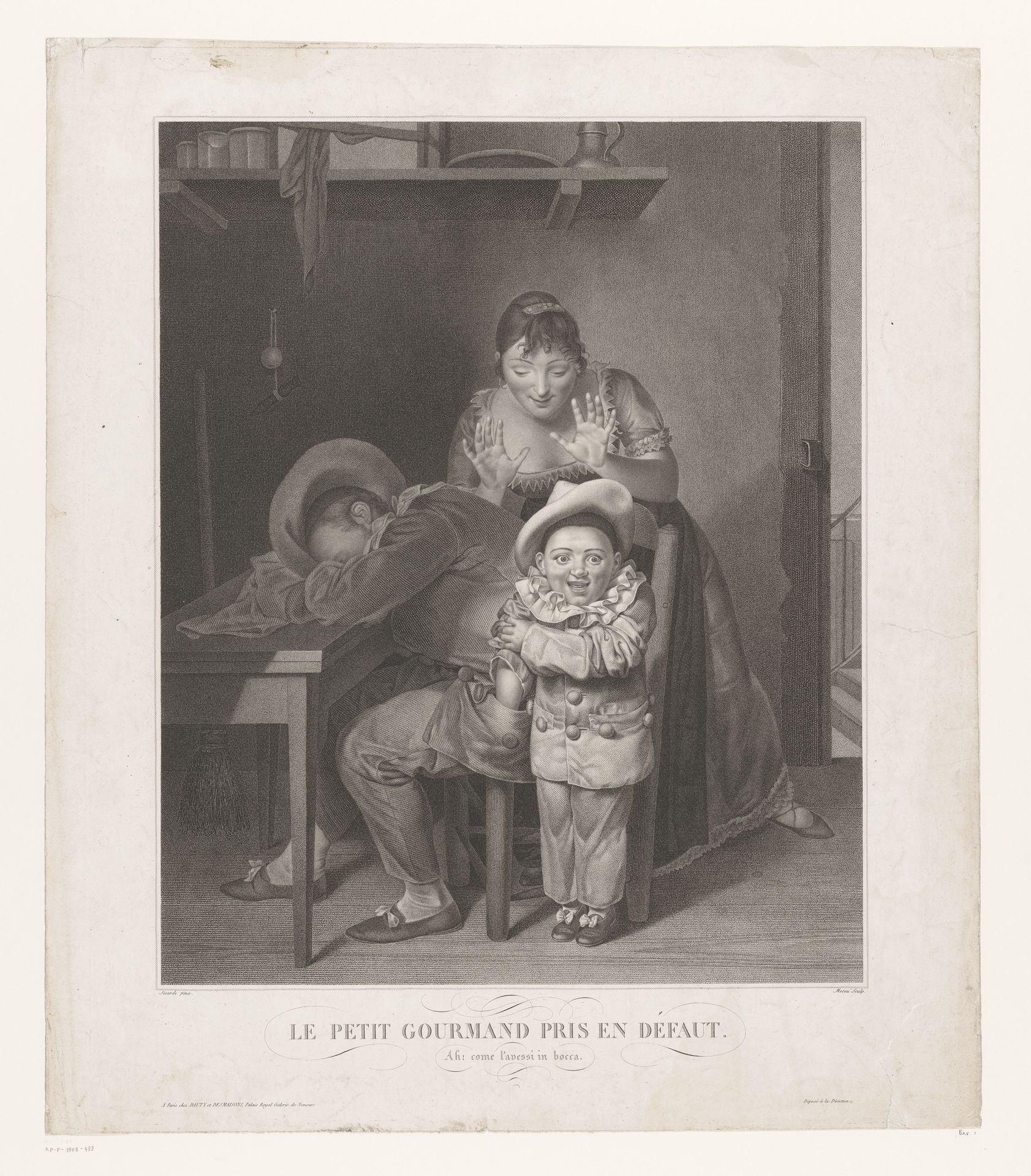 Slapende man bestolen door jonge Pierrot by André Joseph Mécou