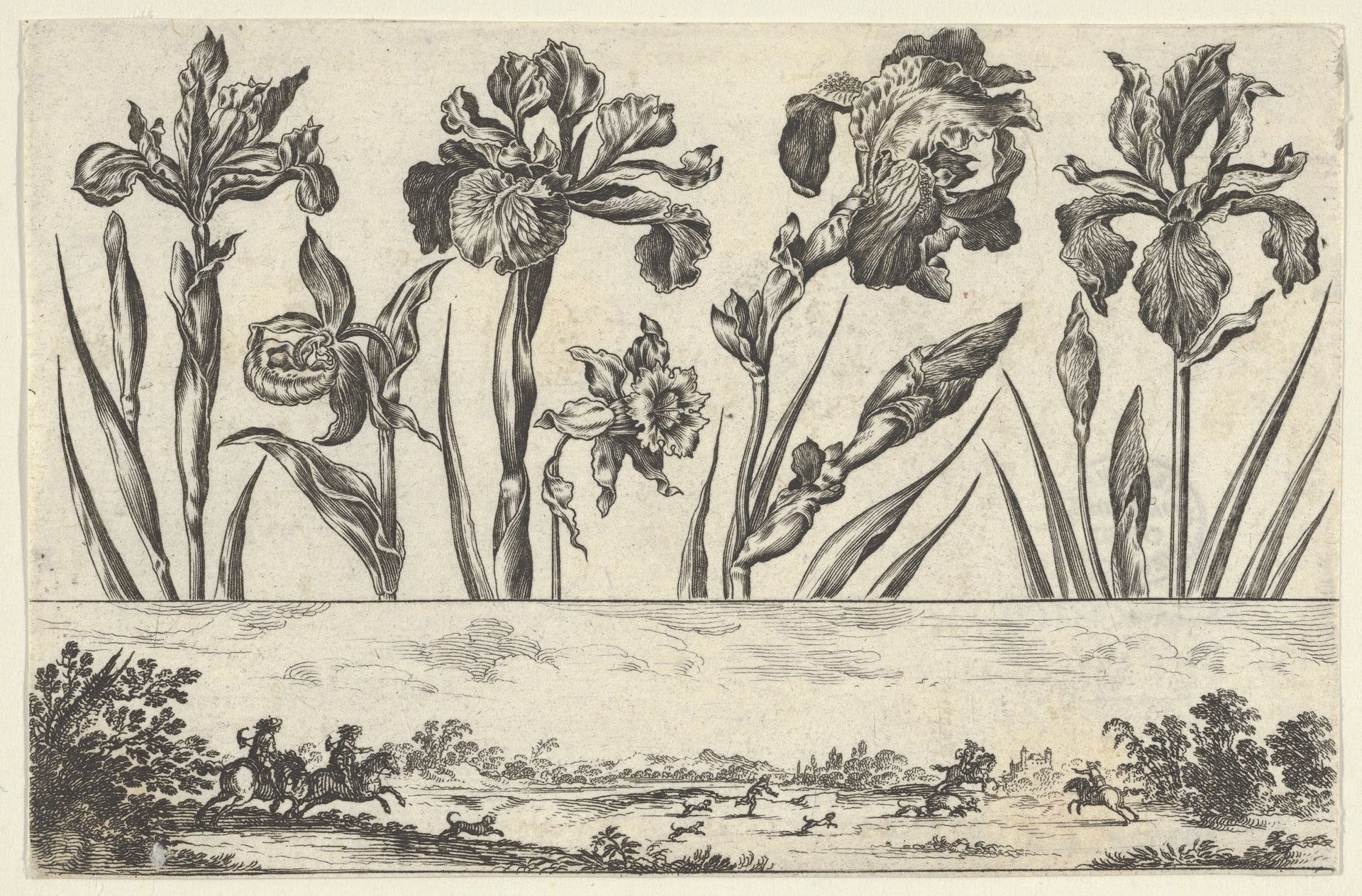 Horizontal Panel with a Row of Flowers Above a Frieze with a Hunting Scene in a Landscape, from Livre Nouveau de Fleurs Tres-Util by Nicolas Cochin