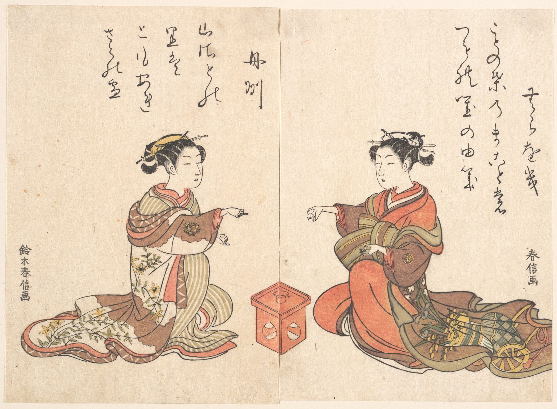 Two Girls Play the Finger Game of Kitsume Ken by Suzuki Harunobu 鈴木春信
