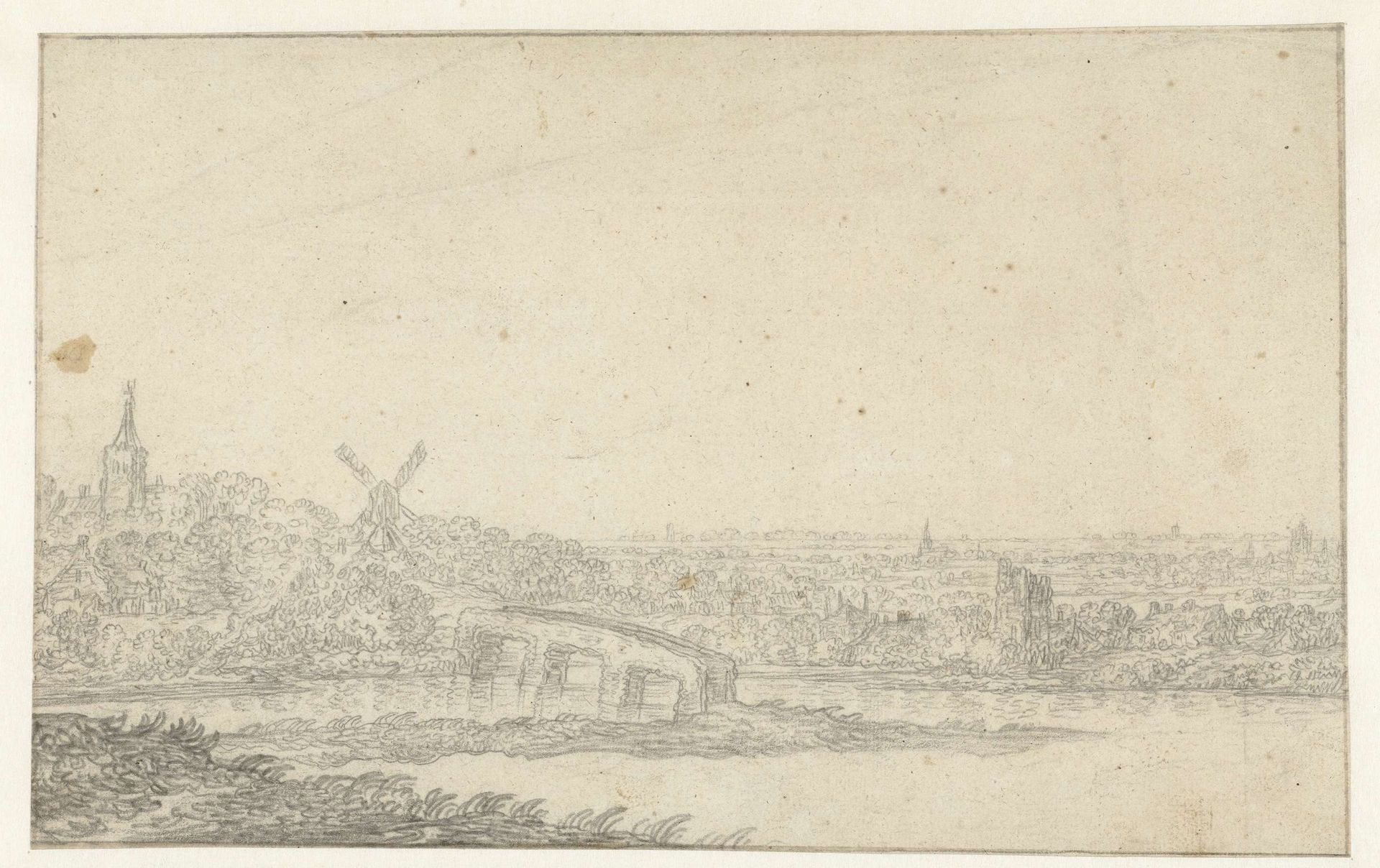Landschap met een dorp en een stenen brug by Aelbert Cuyp