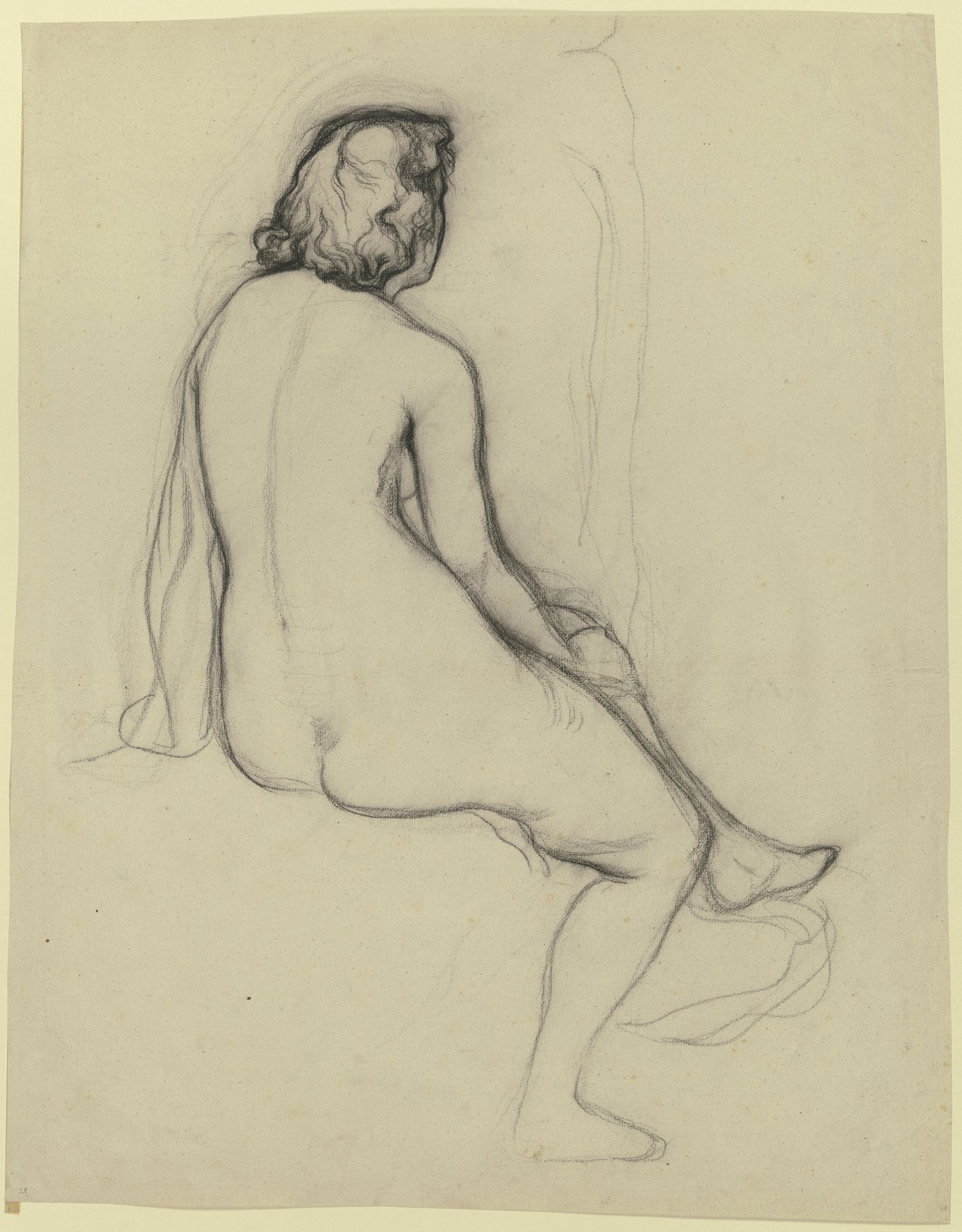 Auf einer Erhebung sitzender weiblicher Akt in Rückenansicht by Victor Müller