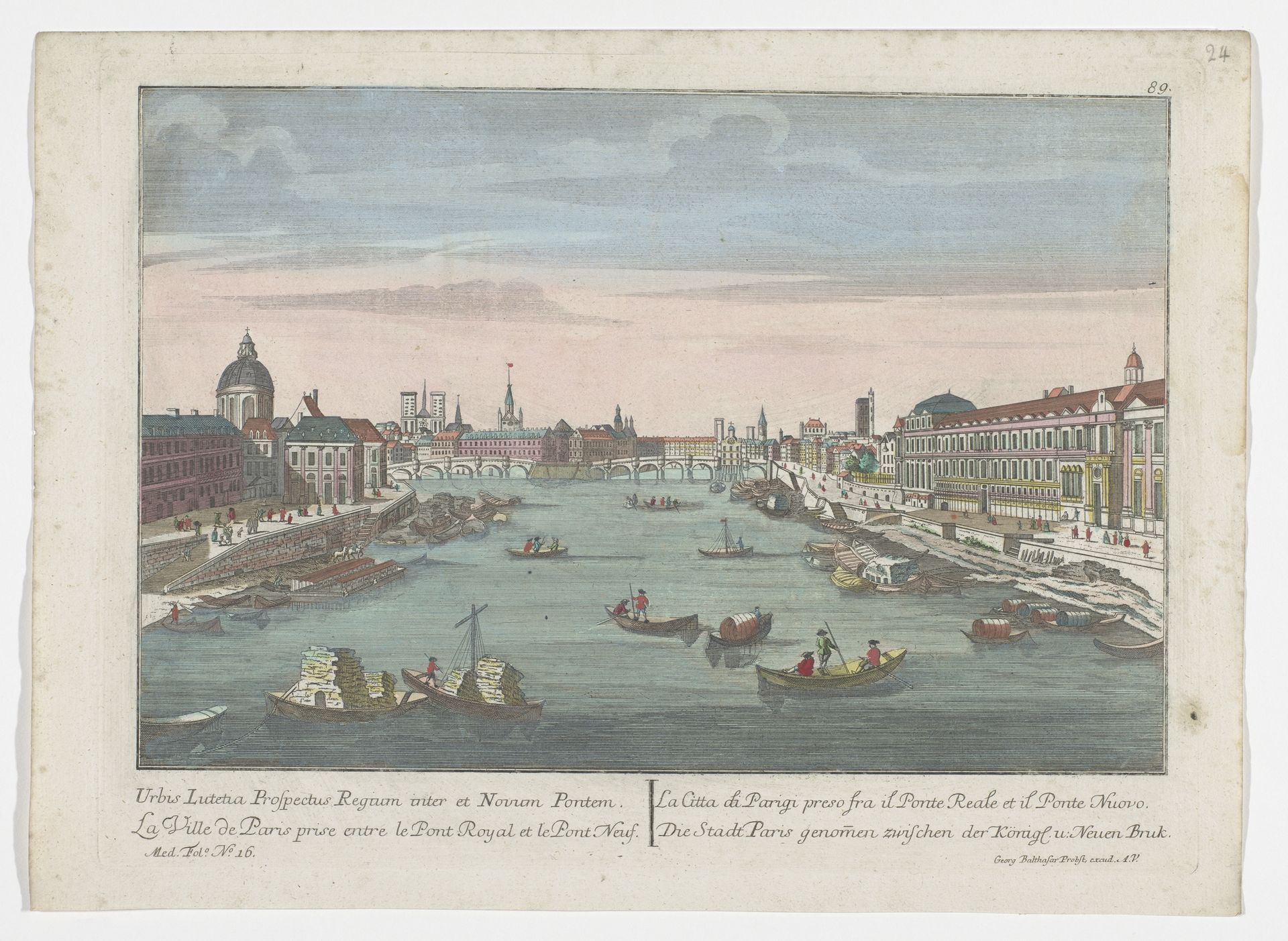 Gezicht op de rivier de Seine tussen de Pont Royal en de Pont Neuf te Parijs by Georg Balthasar Probst