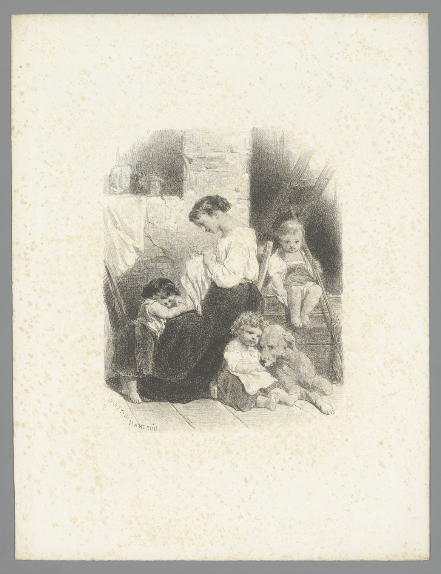 Vrouw met kinderen en hond by Célestin Nanteuil