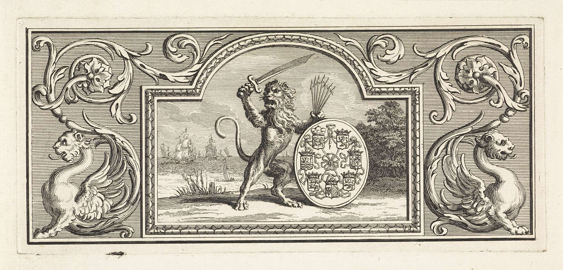Hollandse leeuw die het wapen van de zeven provincieën vasthoudt by Bernard Picart