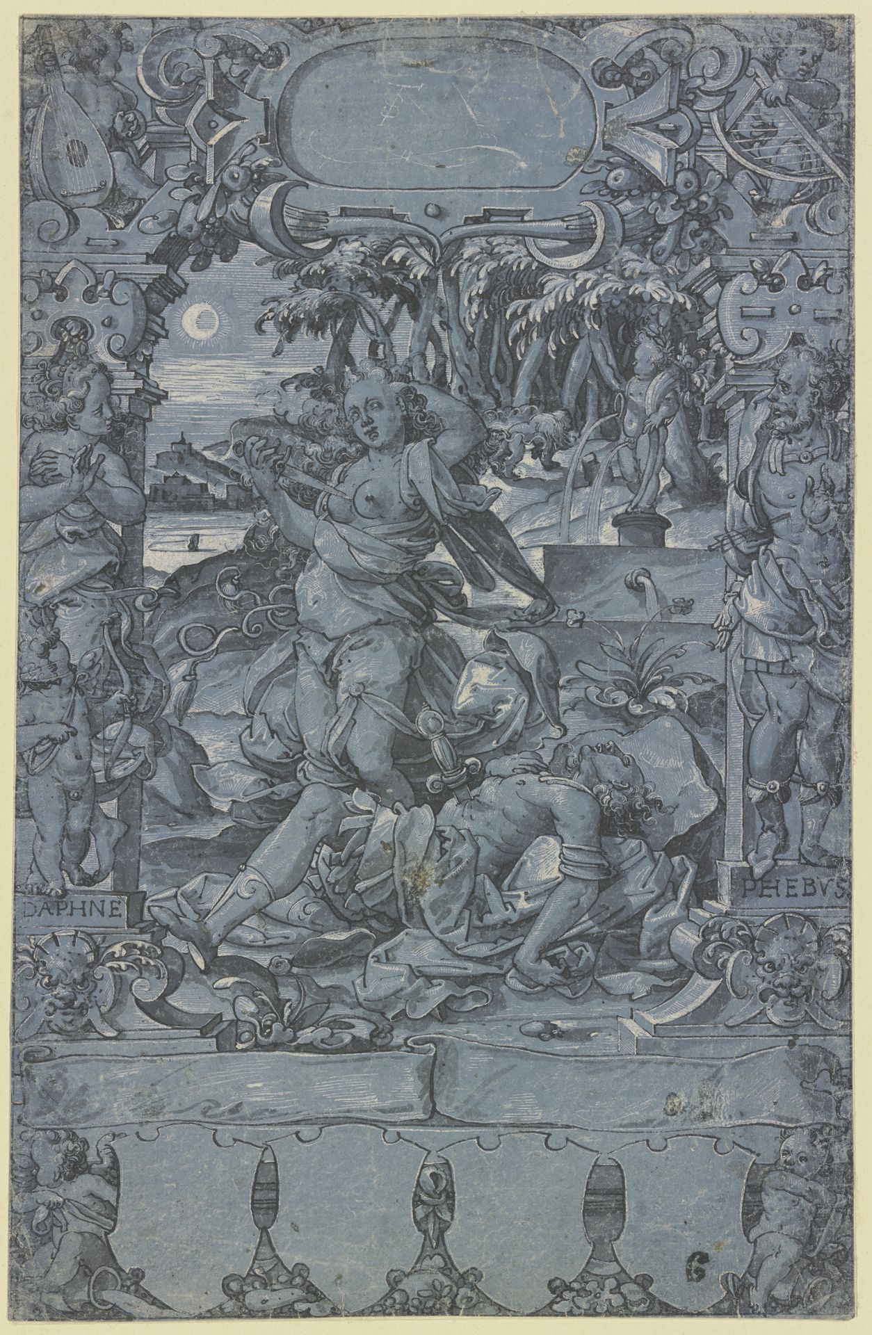 Thisbe an der Leiche des Pyramus, in der Rahmung links Daphne mit dem Amorknaben, rechts Apollo, vom Pfeile Amors getroffen, oben und unten Putten by Christoph Murer