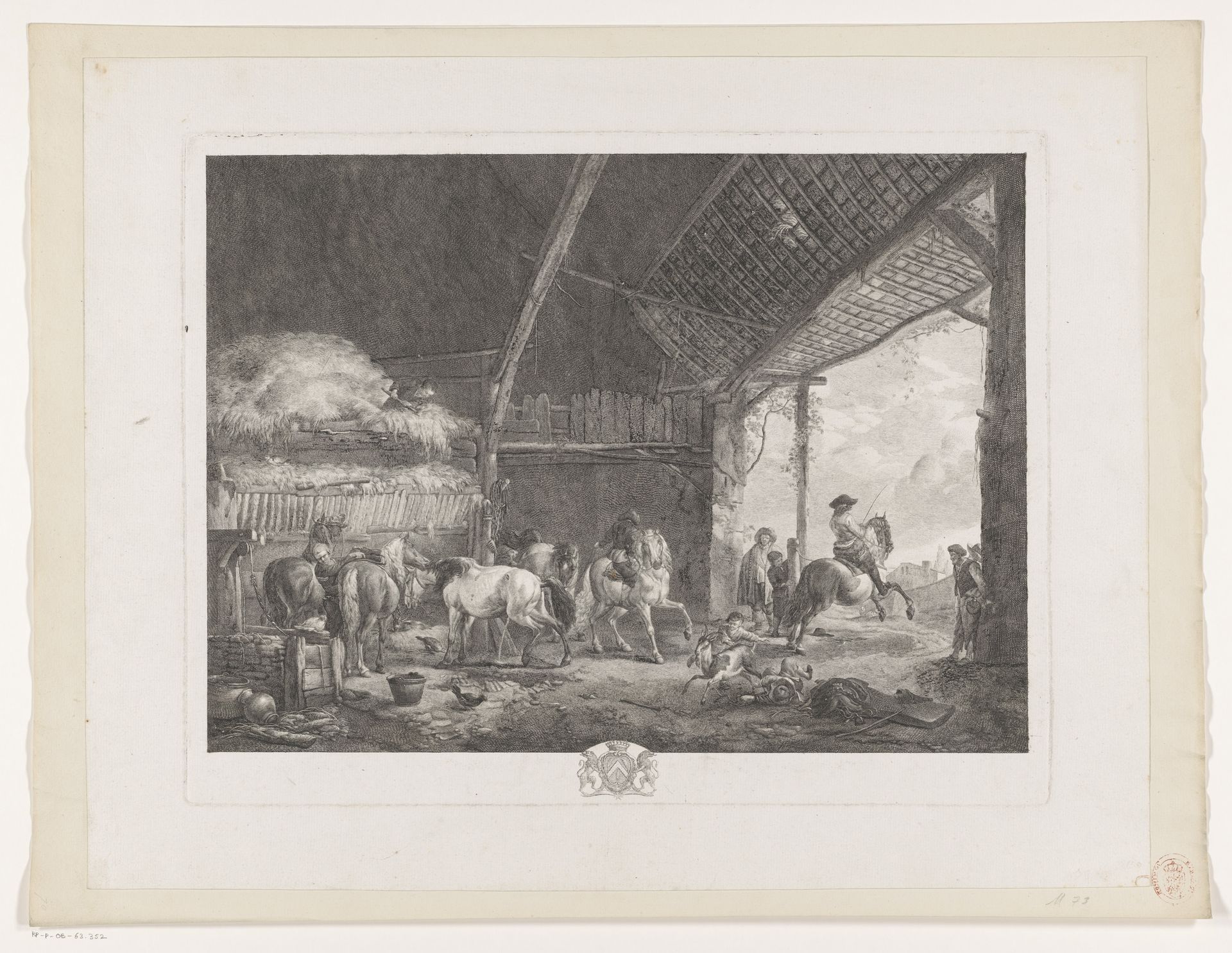 Figuren en paarden in de stal van het postkantoor by Jean Moyreau