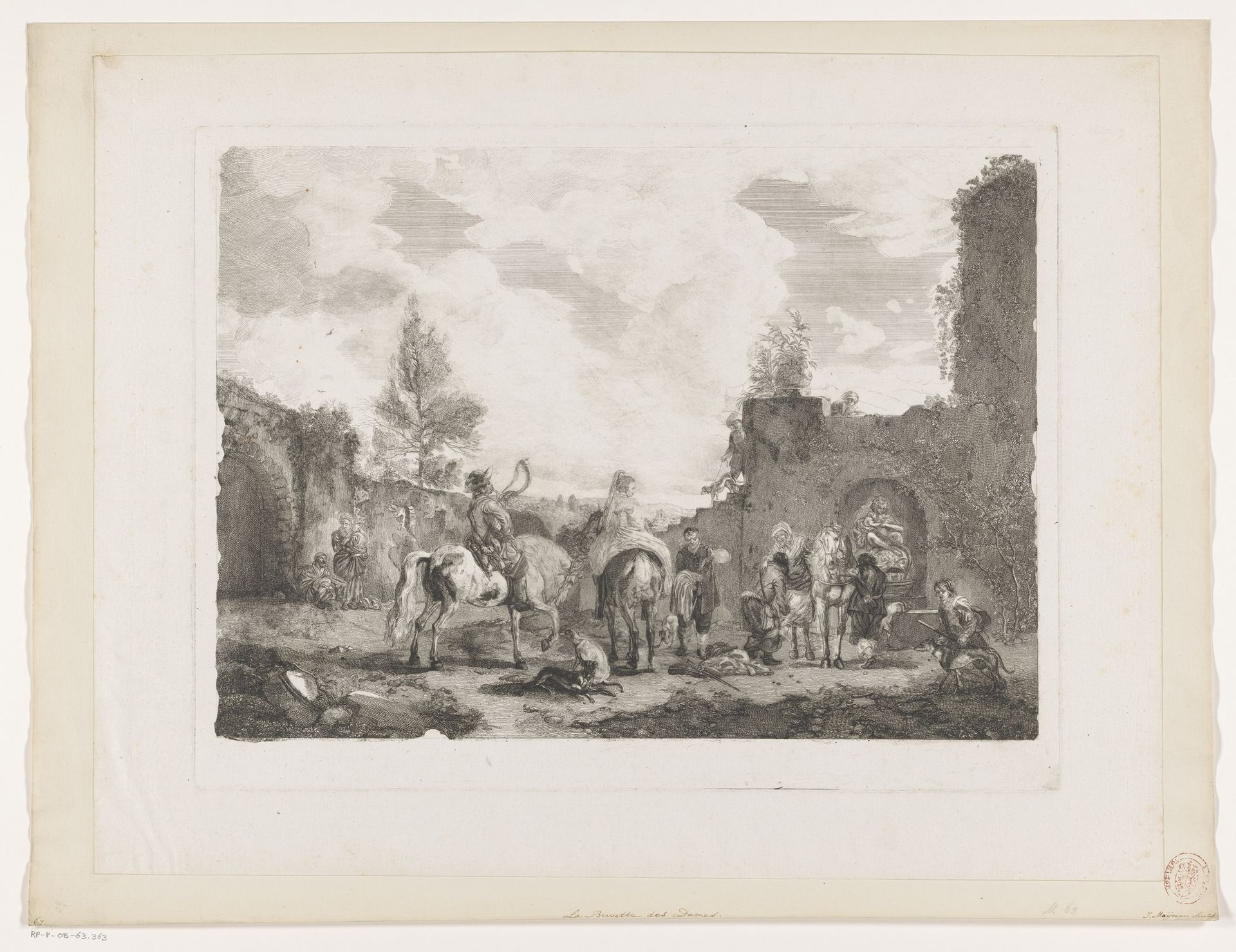 Rustend jachtgezelschap op een binnenplaats by Jean Moyreau