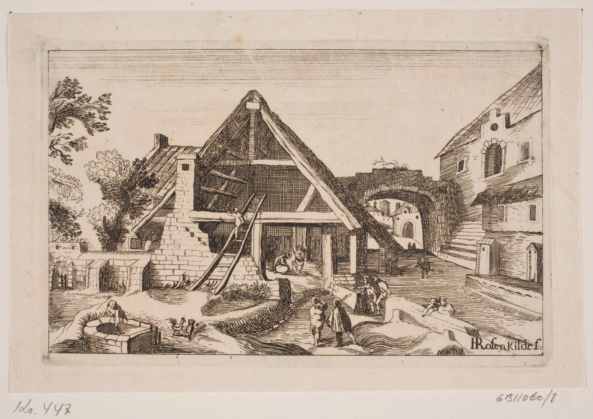 Byinteriør med lade og Jesu fødsel by H. Rosenkilde