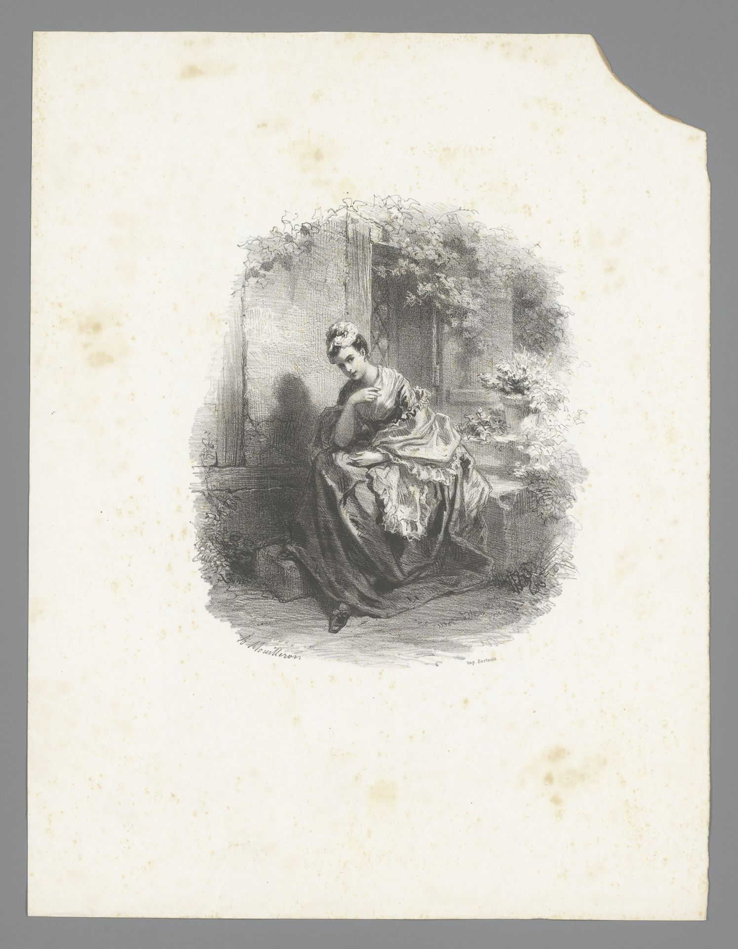Jonge vrouw met omslagdoek op de stoep voor een met planten begroeid huis by Adolphe Mouilleron