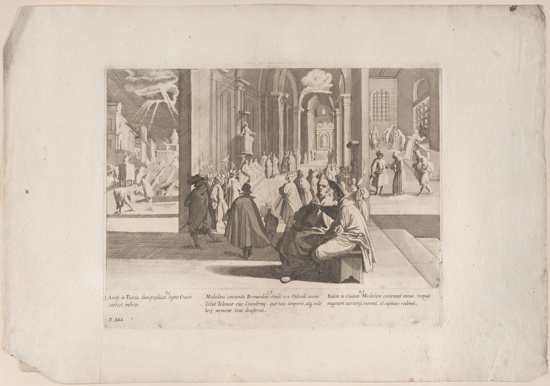 Episode 19: Saint Bernardino's cousin's soul appears to him at her death, while he is preaching; Episode 20: Saint Bernardino aids those held captive; Episode 21: Saint Bernardino reforms the wicked, from "The Life of Saint Bernardino of Siena" by Bernardino Capitelli