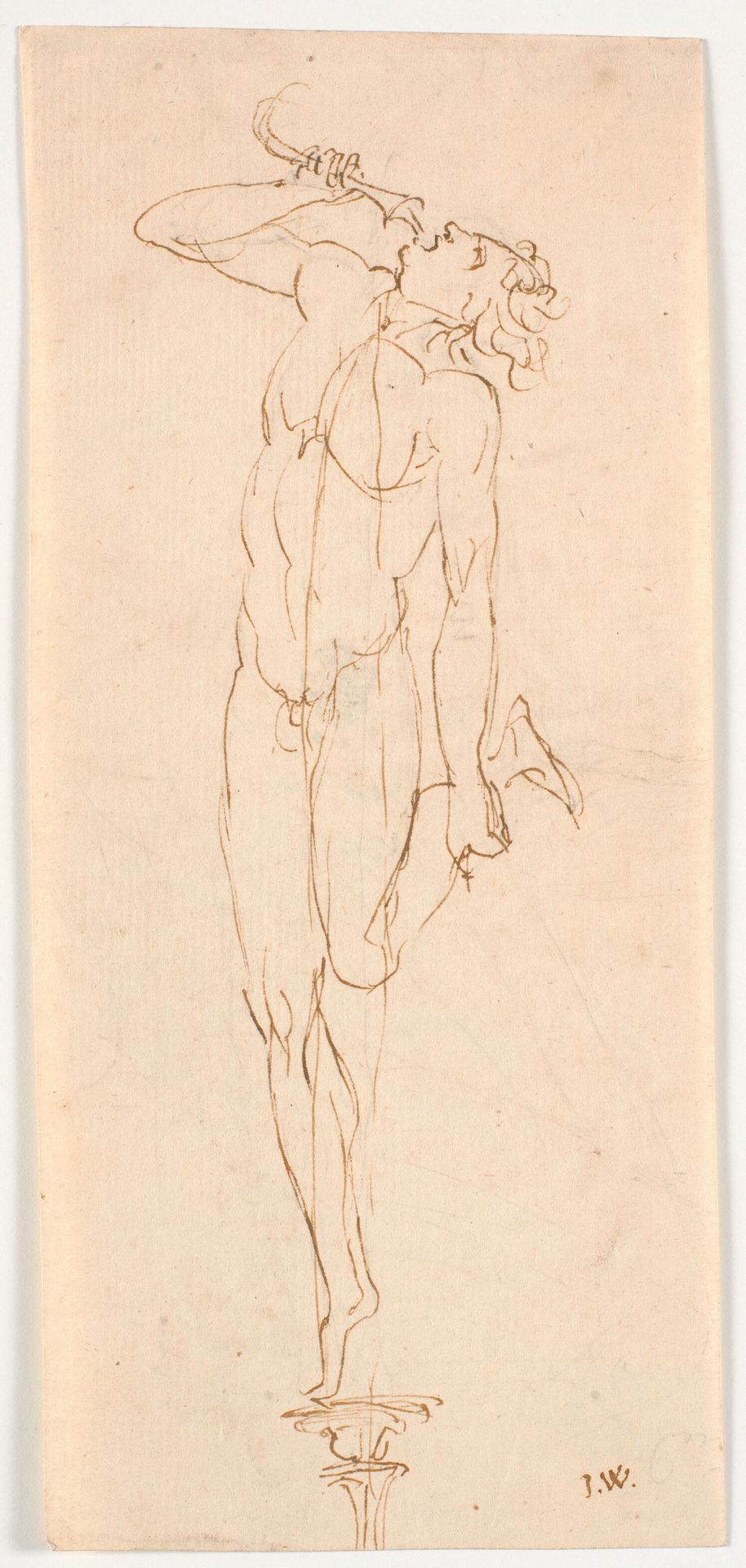 Nøgen mandsfigur med drikkehorn, stående med det ene ben på søjle el. lign. by Johannes Wiedewelt