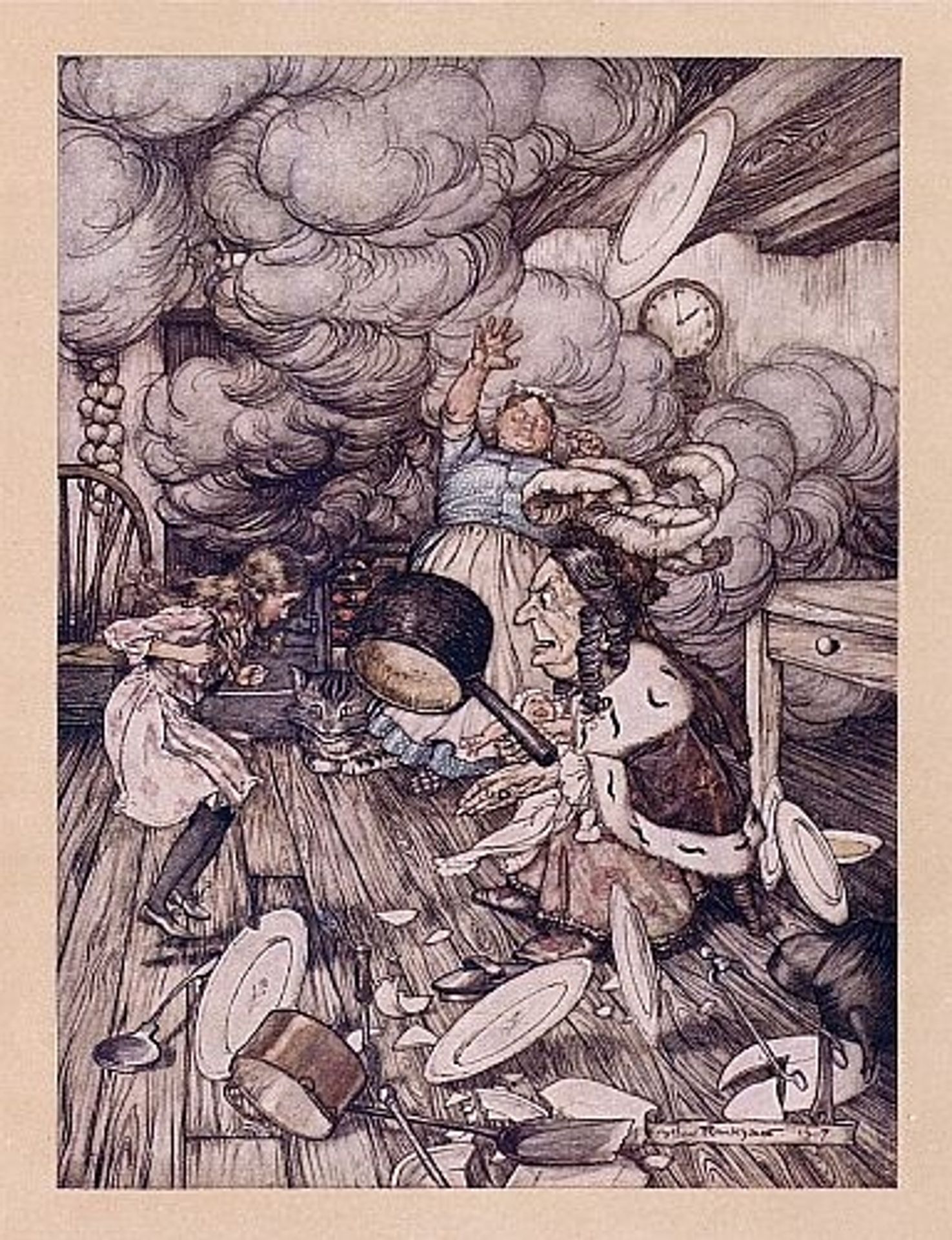 An unusually large saucepan flew close by it, and very nearly carried it off by Arthur Rackham