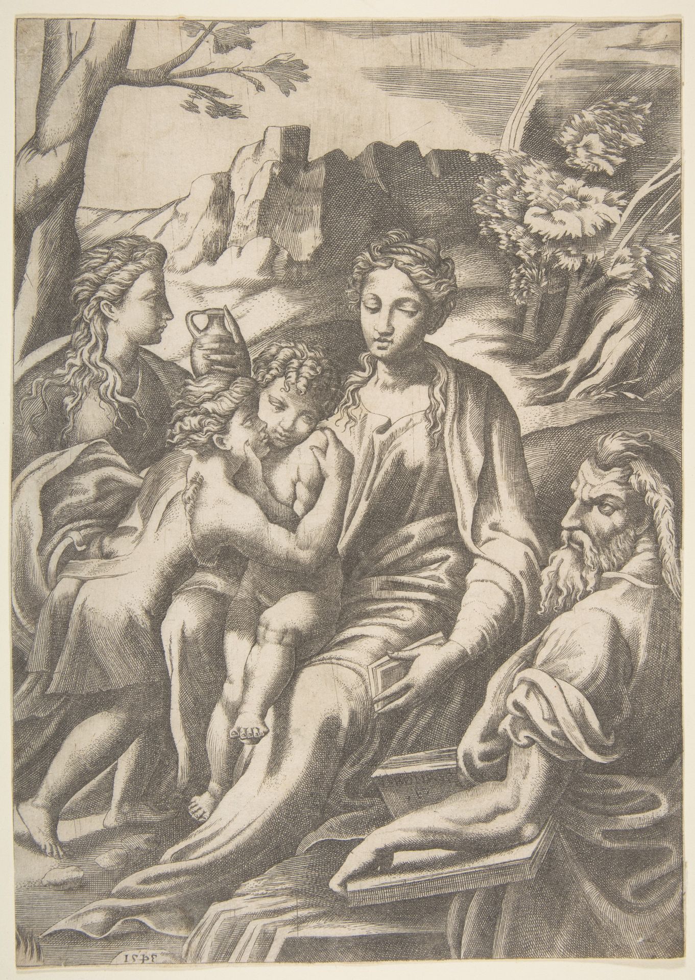 The Holy Family with Mary Magdalene and John the Baptist who embraces Christ by Giulio Bonasone