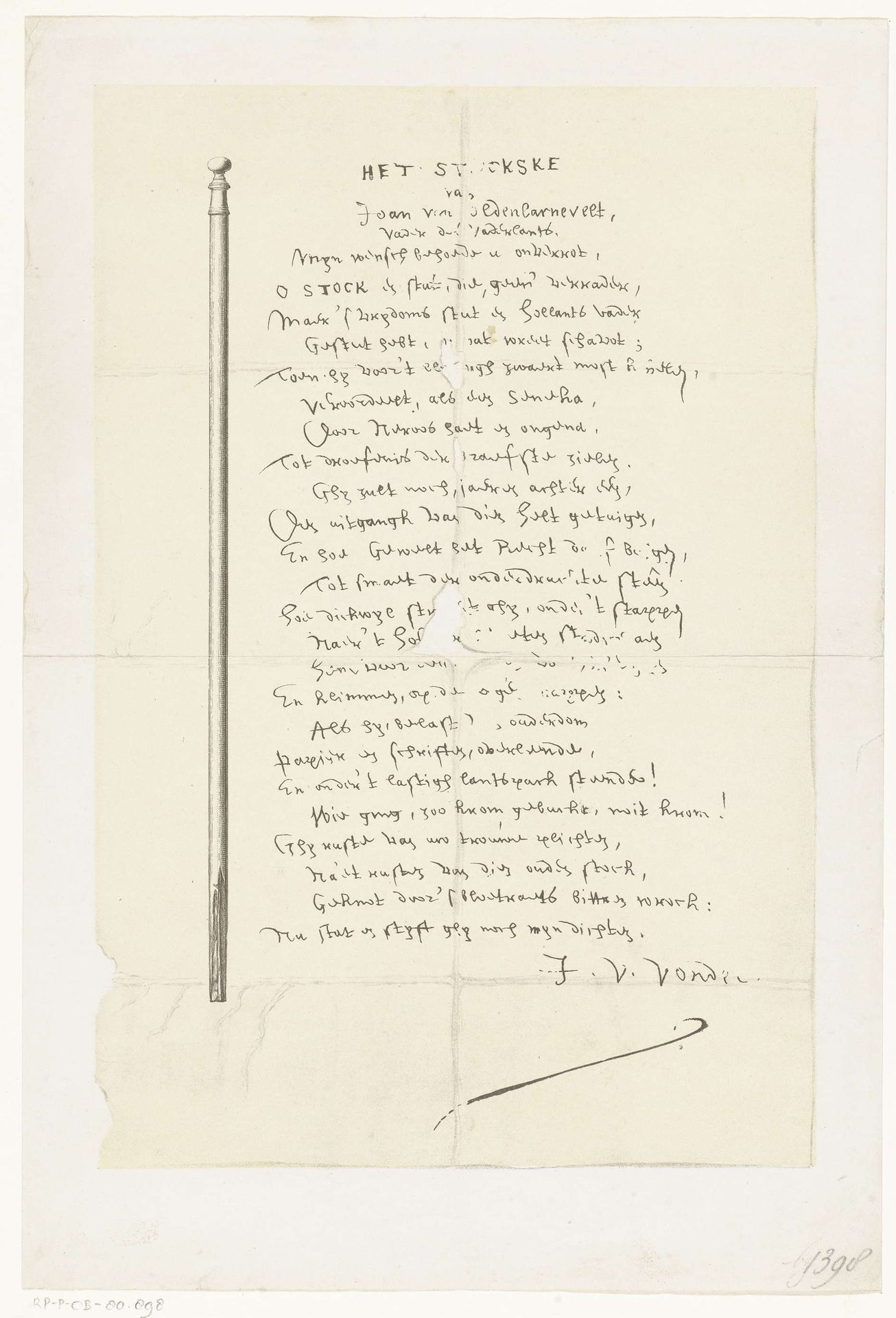 Het stokske van Johan van Oldenbarnevelt met het gedicht van Vondel op het stokske, 1619 by Anonymous