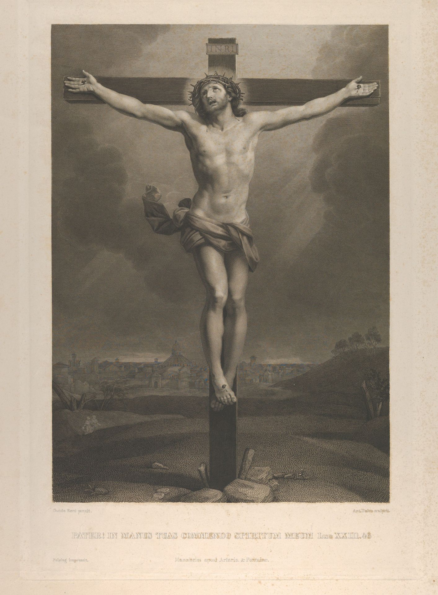 Christ on the cross, a town in the background, after Reni by Antonio Dalco