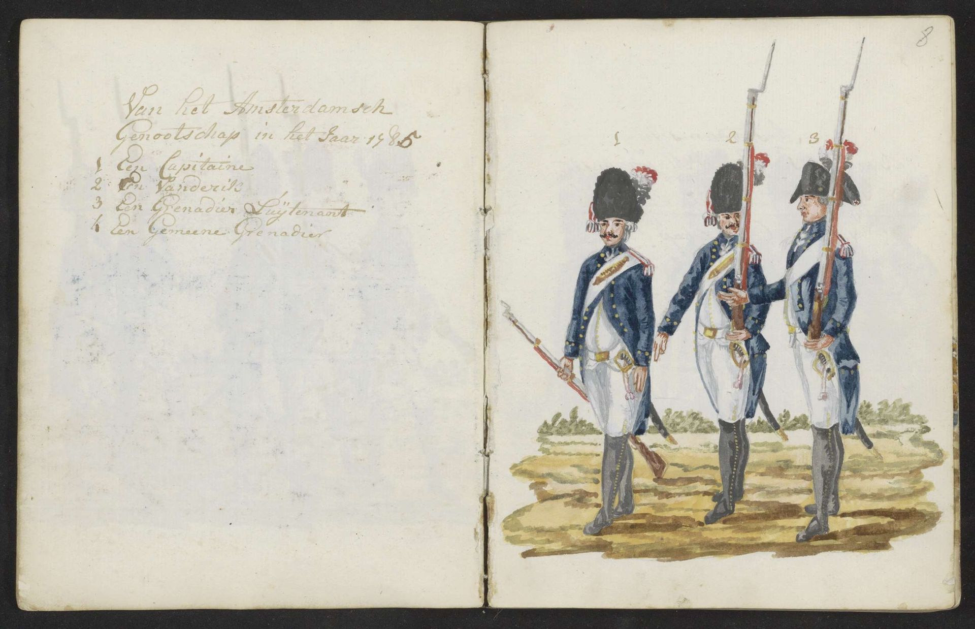 Drie uniformen van het Amsterdamse exercitiegenootschap in 1783-1787 by S.G. Casten