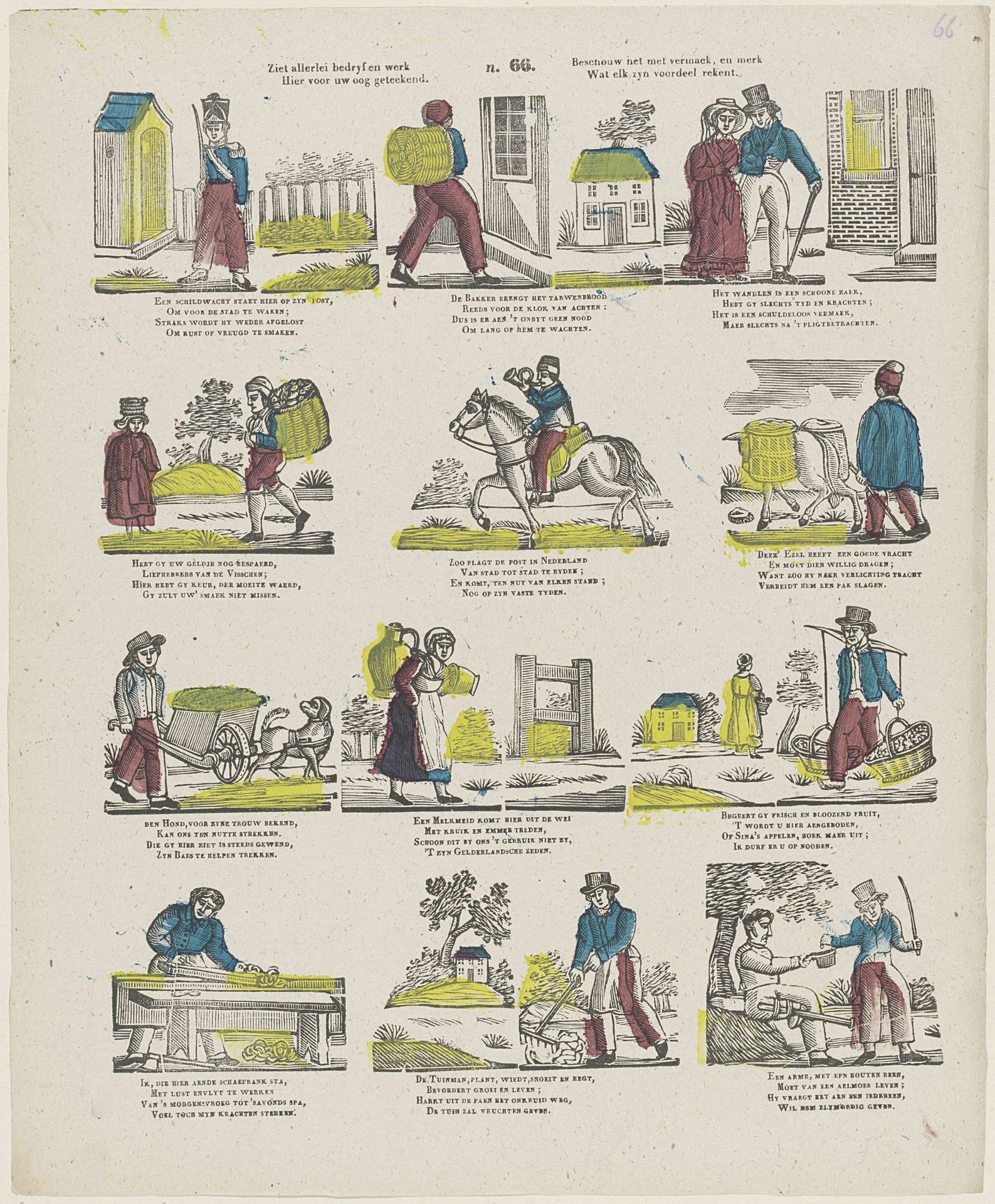 Ziet allerlei bedryf en werk / hier voor uw oog geteekend / Beschouw het met vermaek, en met / Wat elk zyn voordeel rekent by Glenisson & Van Genechten