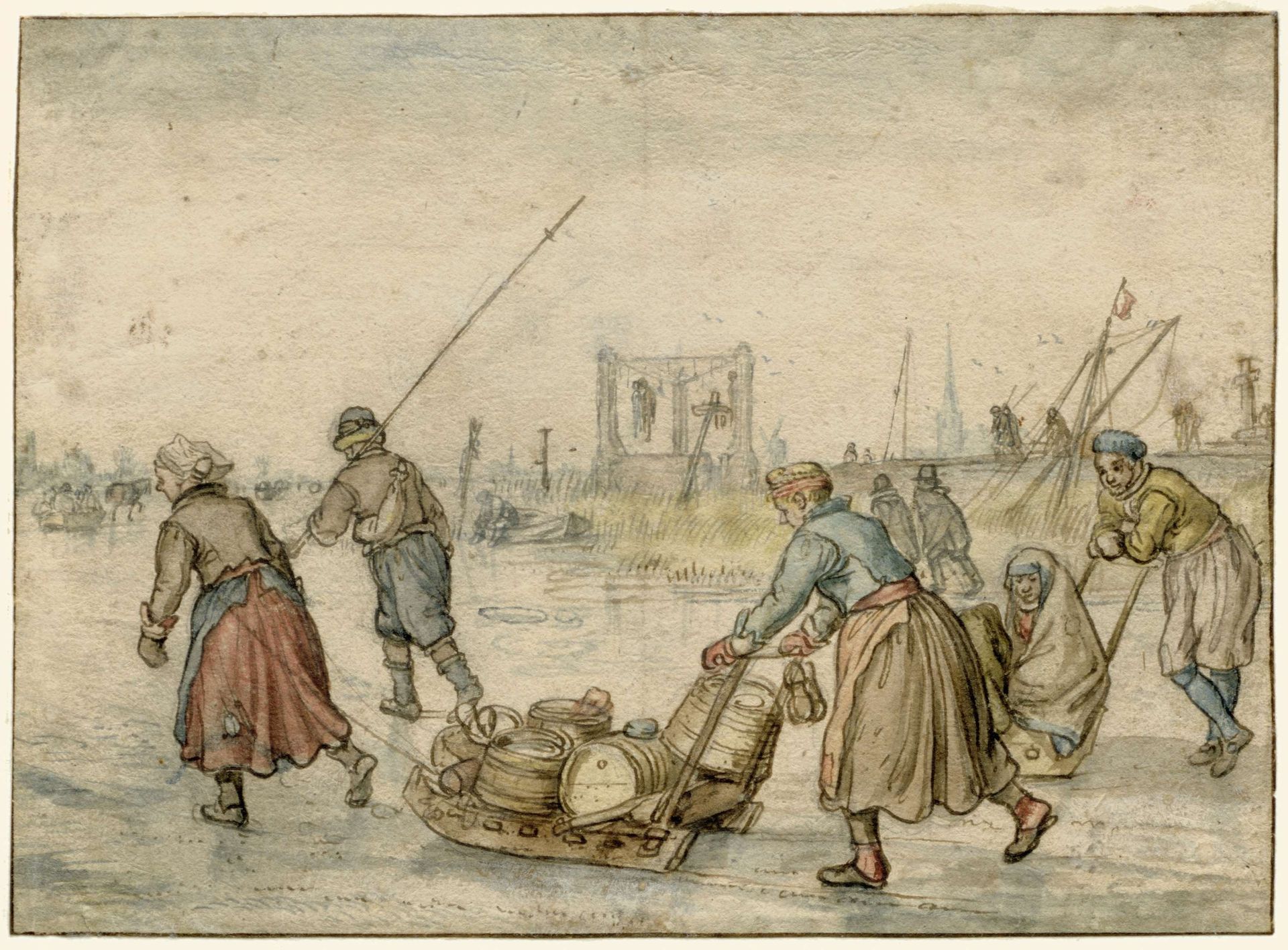 Winter Landscape with Two Women and a Sledge and Other Figures on the Ice, a Gallows in the Distance by Hendrick Avercamp