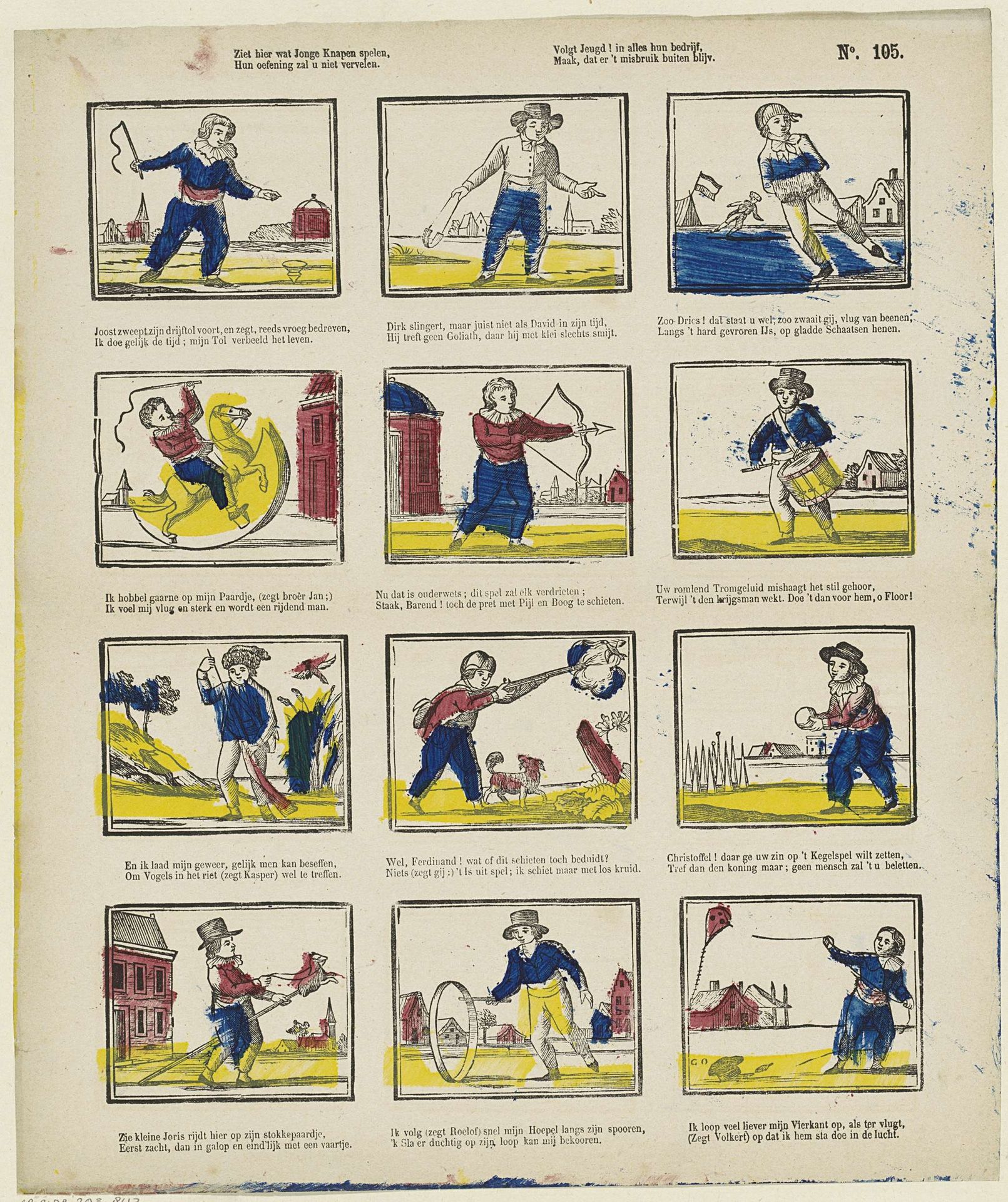 Ziet hier wat jonge knapen spelen, / Hun oefening zal u niet vervelen / Volgt jeugd! in alles hun bedrijf, / Maak, dat er 't misbruik buiten blijv by Gerrit Oortman