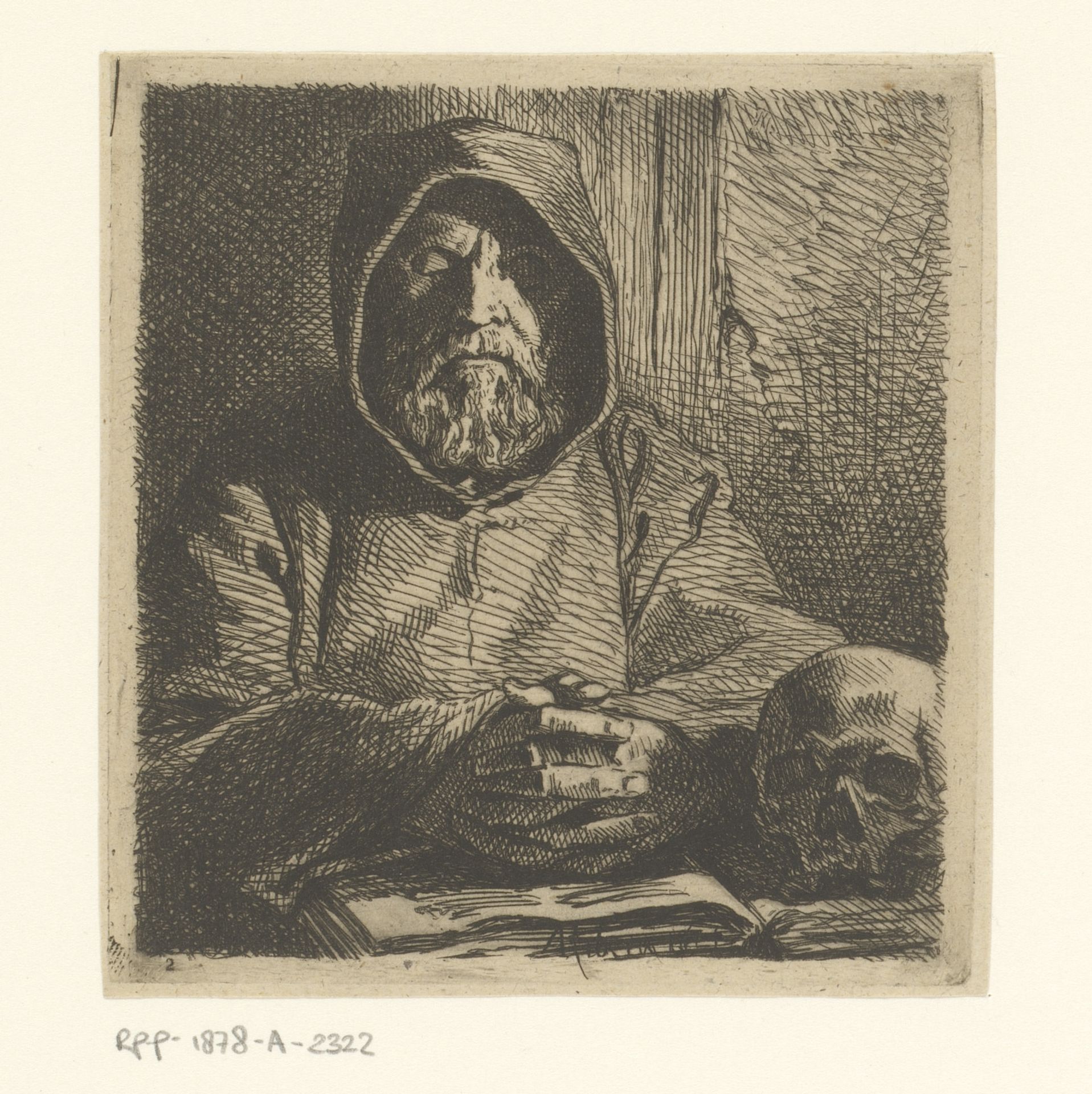 Monnik met gevouwen handen rustend op een opengeslagen boek met daarop een schedel by A. van Ravesteyn