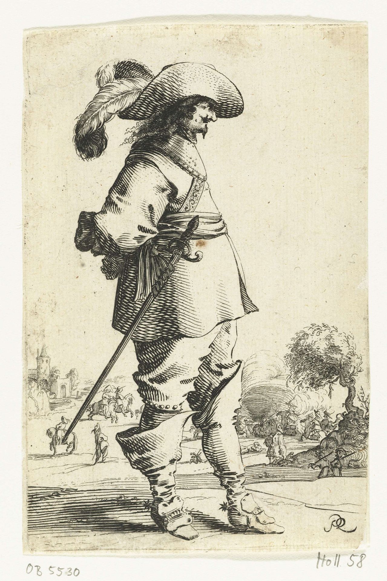 Staande cavalier en profil, op de achtergrond een strijdtoneel met ruiters by Salomon Savery