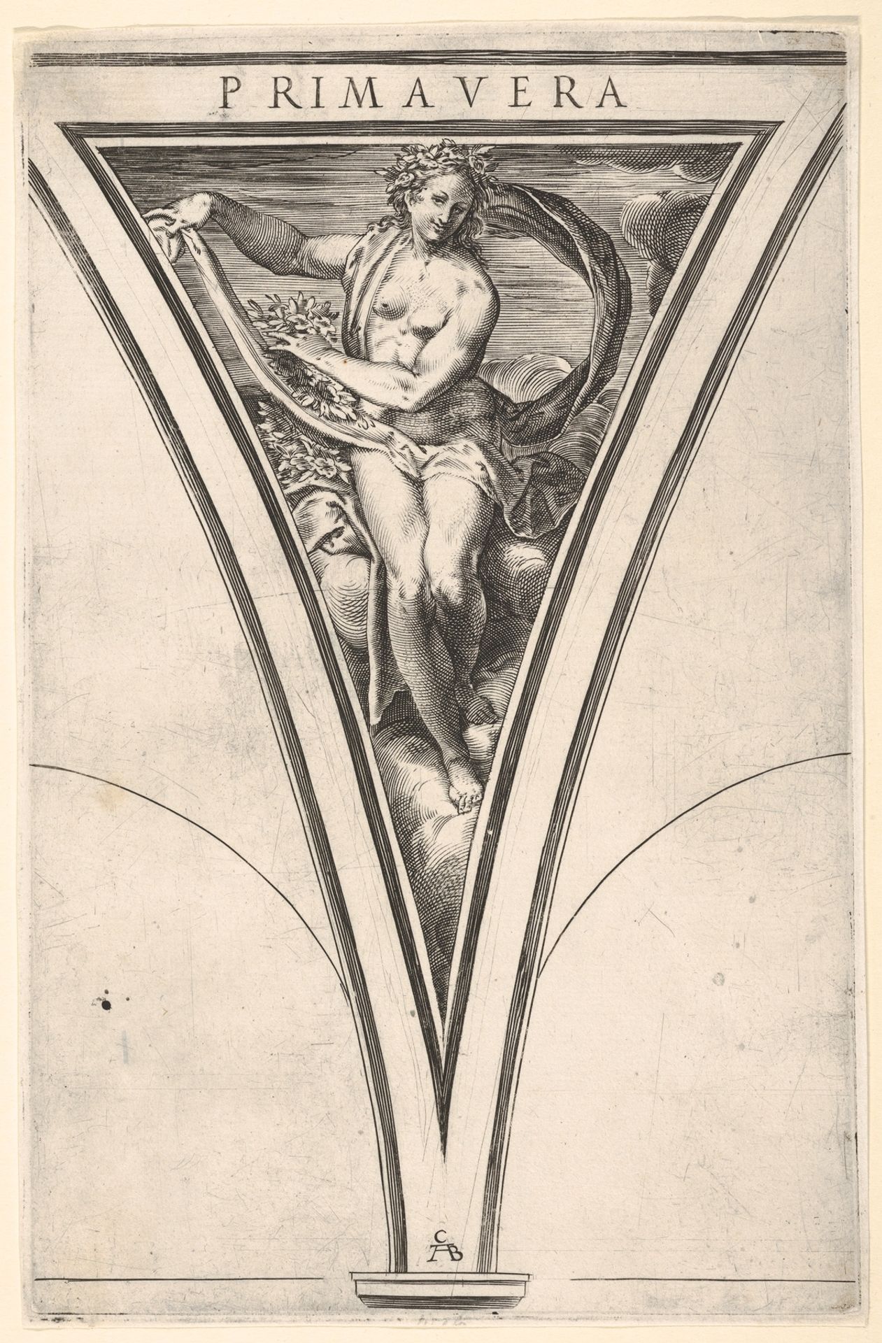 Spring (Primavera) represented as a woman bearing a billowing drape and garlands, a spandrel-shaped composition from the series 'The Four Seasons' by Cherubino Alberti