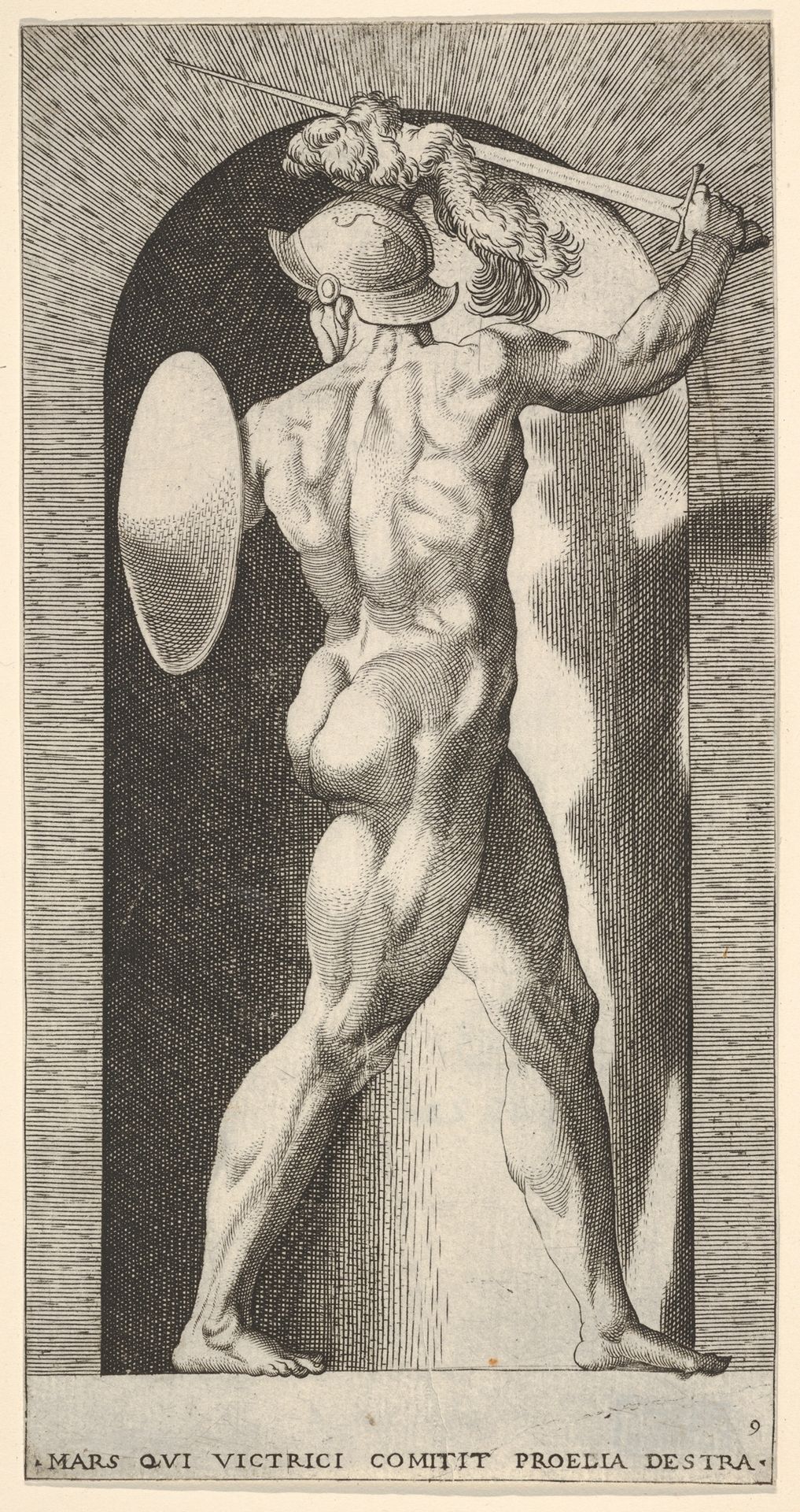 Plate 9: Mars in a niche, holding a sword above his head with his right arm, and a shield on his left arm, from "Mythological Gods and Goddesses" by Giovanni Jacopo Caraglio