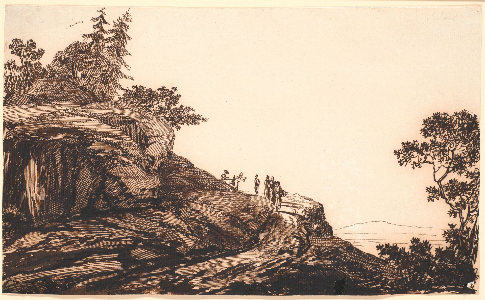 Bjerglandskab med folk og æsler på en vej by Jens Juel