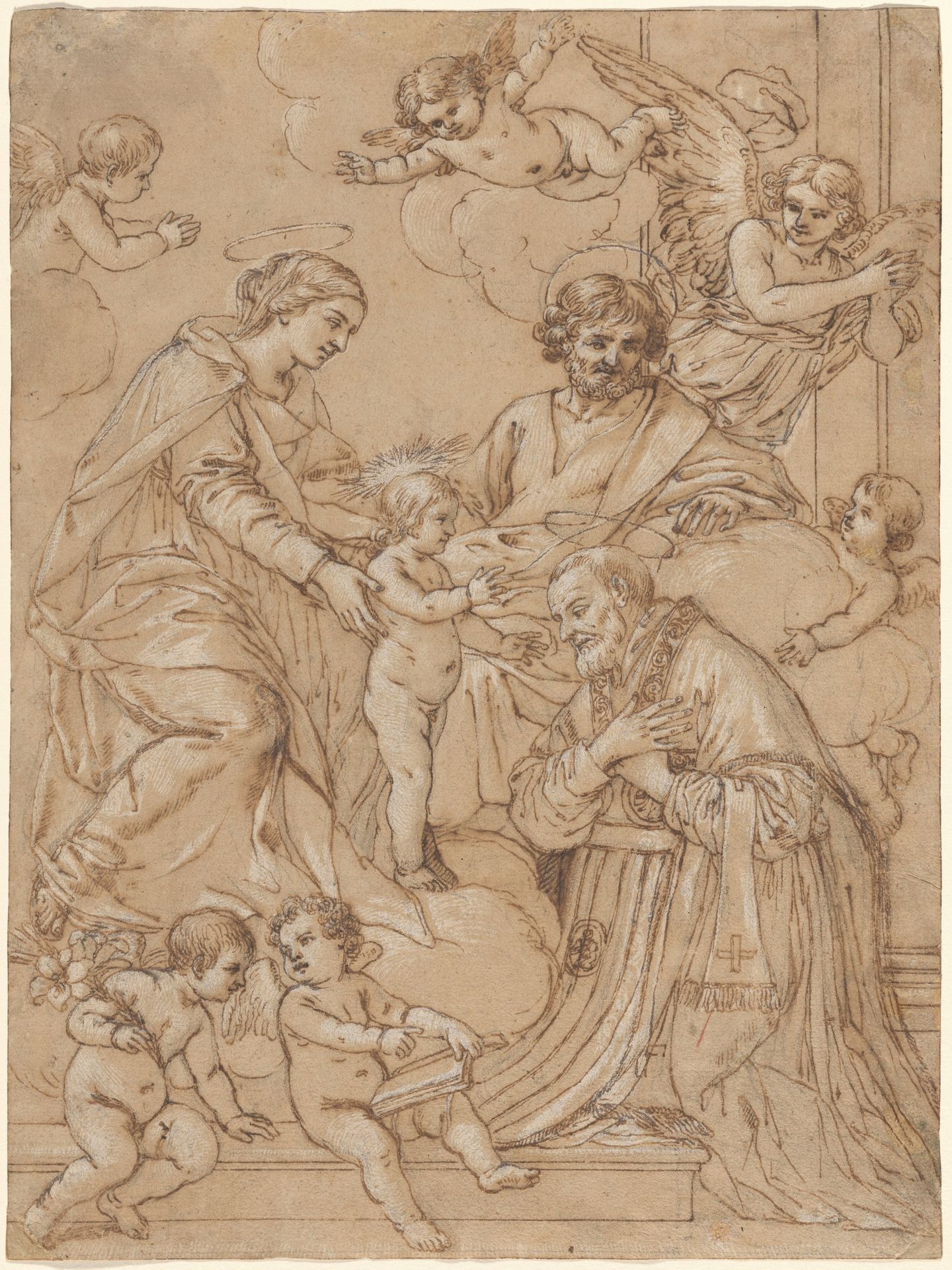 The Holy Family with Saint Philip Neri in Adoration, an Angel, and Putti by Giacinto Gimignani