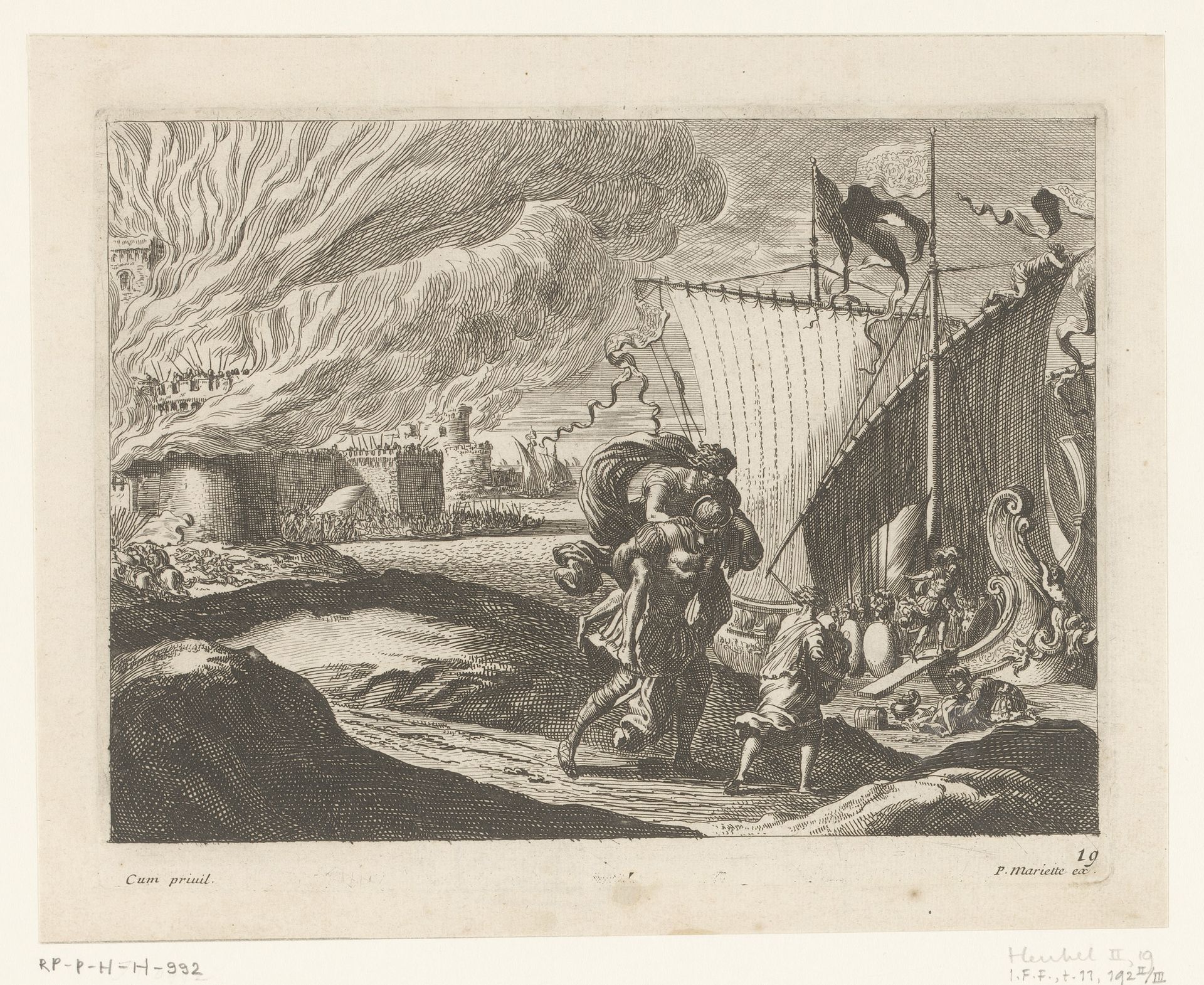 Aenaes ontvlucht Troje met Anchises op zijn rug by Jean Lepautre