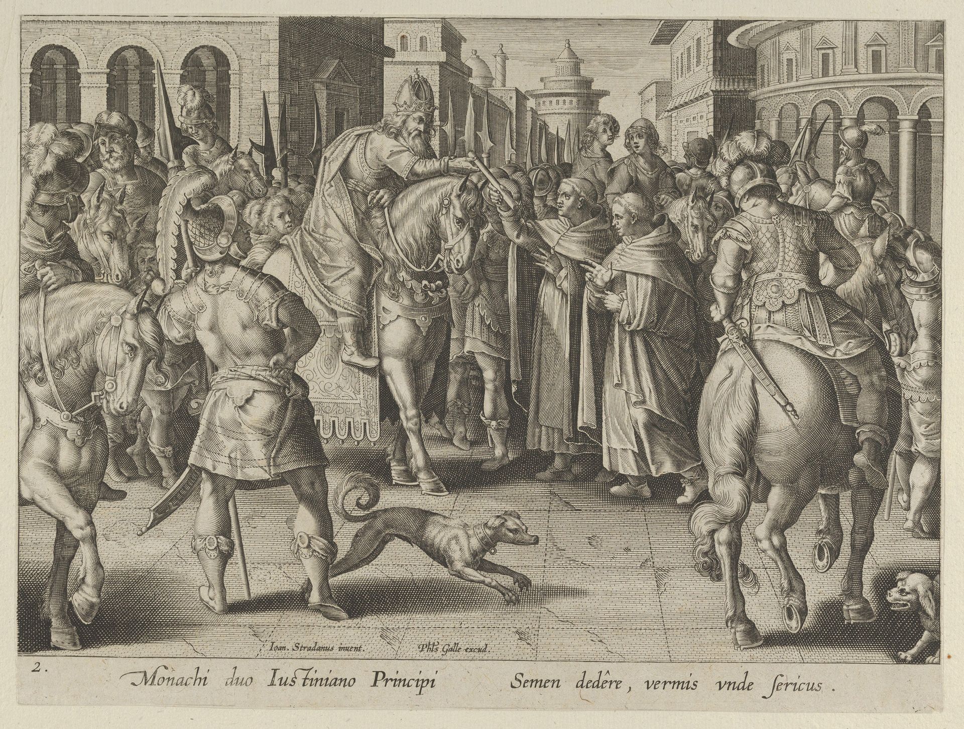 Emperor Justinian Receiving the First Imported Silkworm Eggs from Nestorian Monks, Plate 2 from "The Introduction of the Silkworm" [Vermis Sericus] by Karel van Mallery