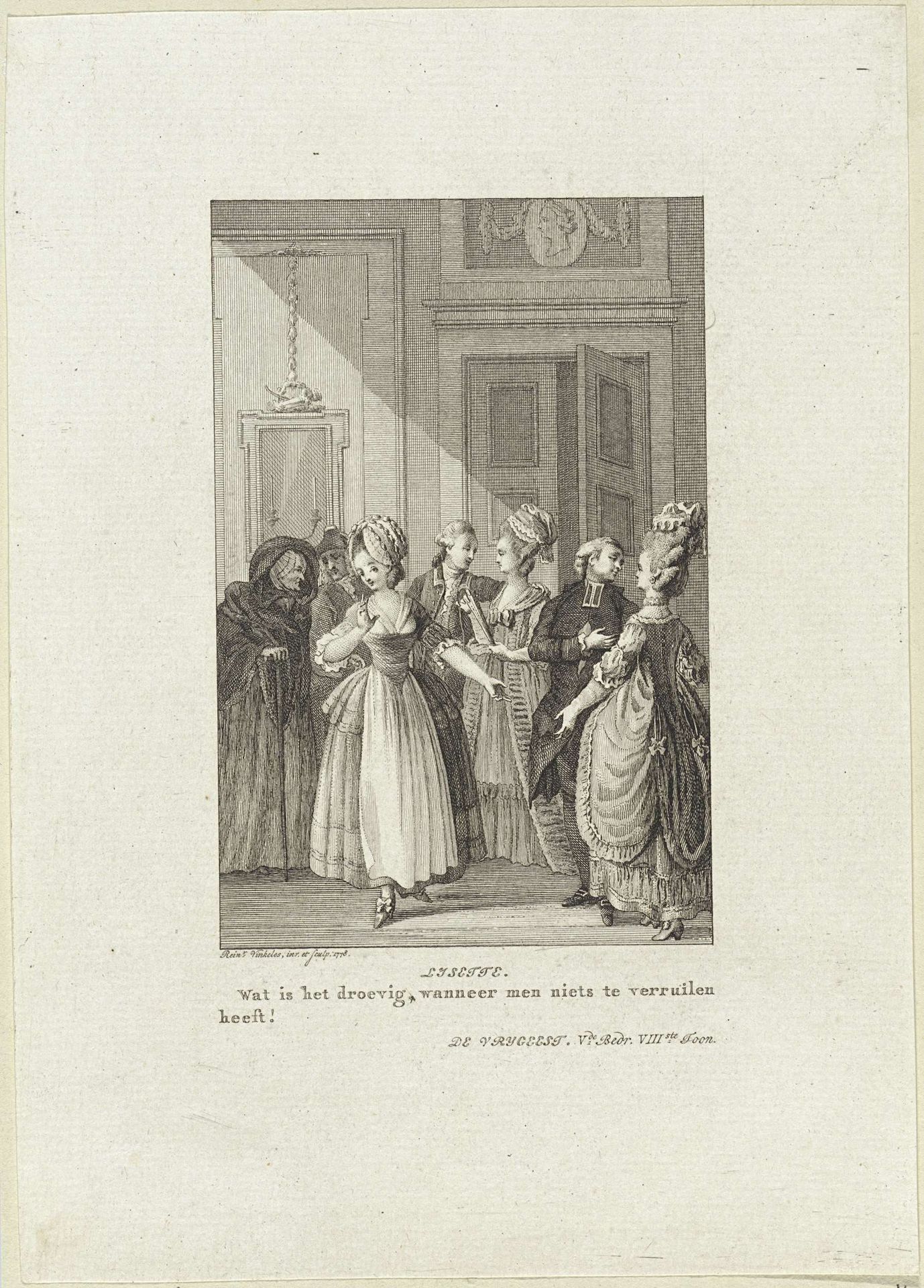 Verschillende paren en een oude dame in een vertrek by Reinier Vinkeles