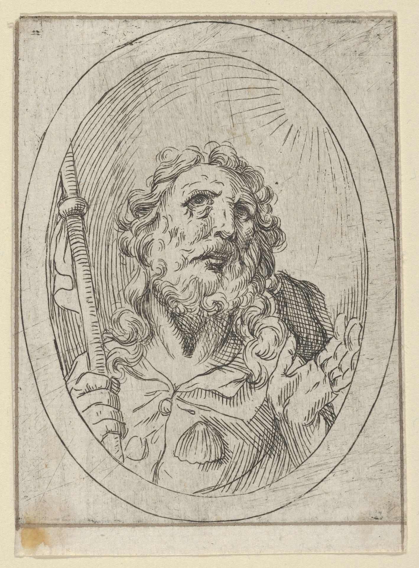 Saint James Major, looking upwards and holding a staff, from "Christ, the Virgin, and Thirteen Apostles" by Anonymous