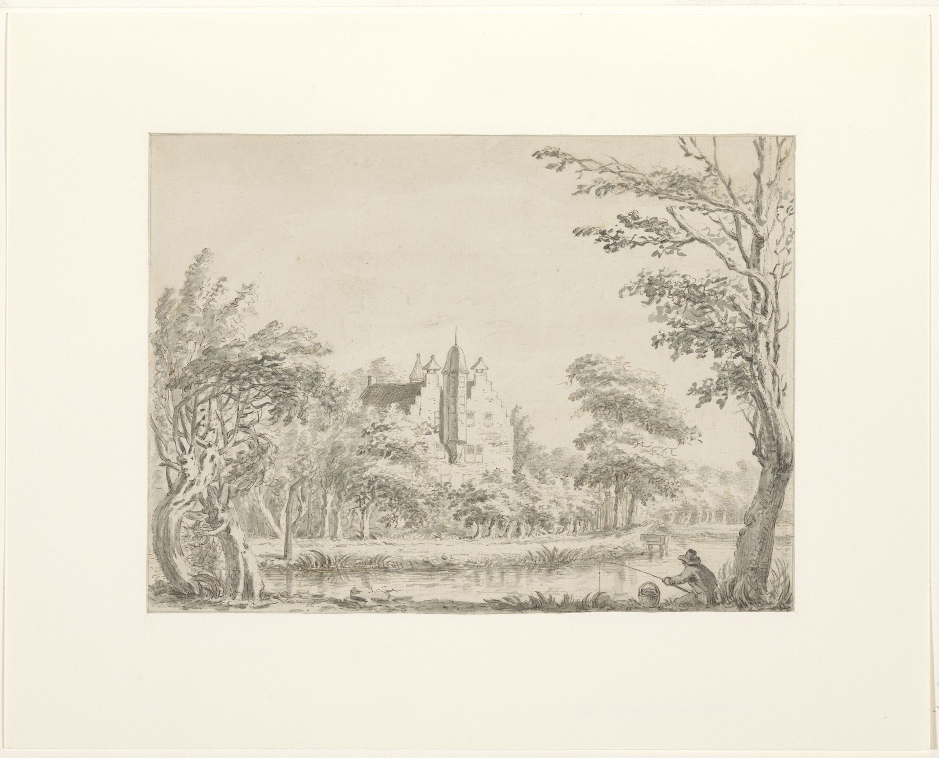 Huis Oudaan met op de voorgrond een hengelaar by Jacob Ernst Marcus