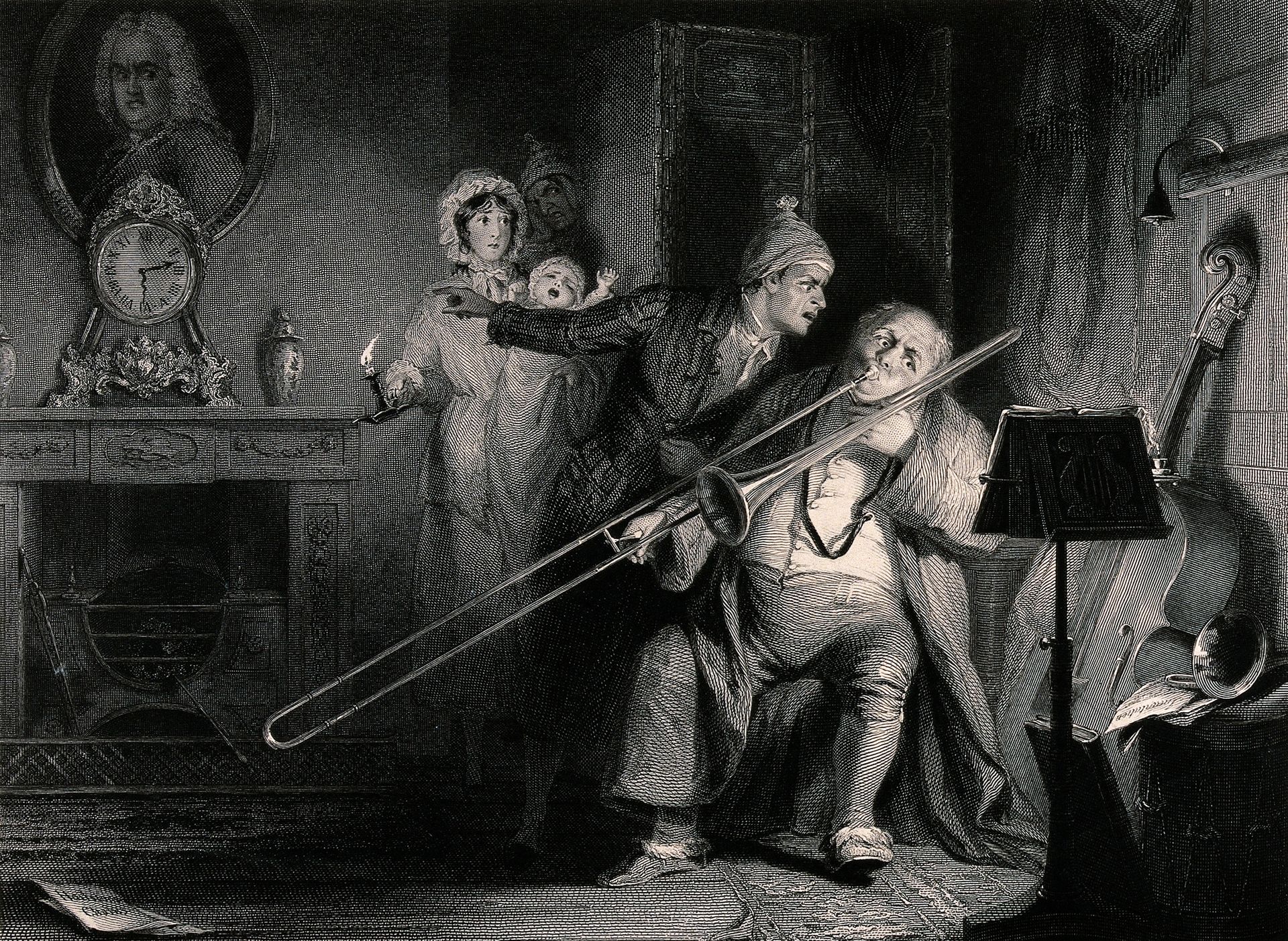 A Young Man is Shouting at a Man Playing the Trombone by Robert William Buss