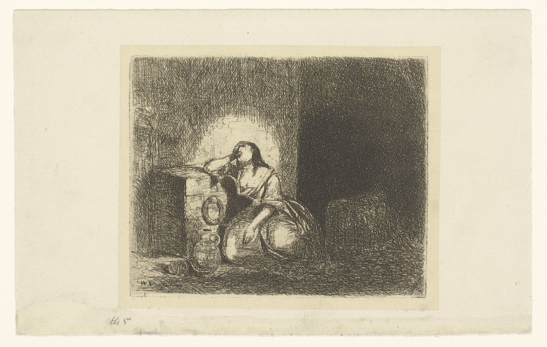 Kerker met vrouw geketend aan een lage muur by Guillaume Joseph Vertommen
