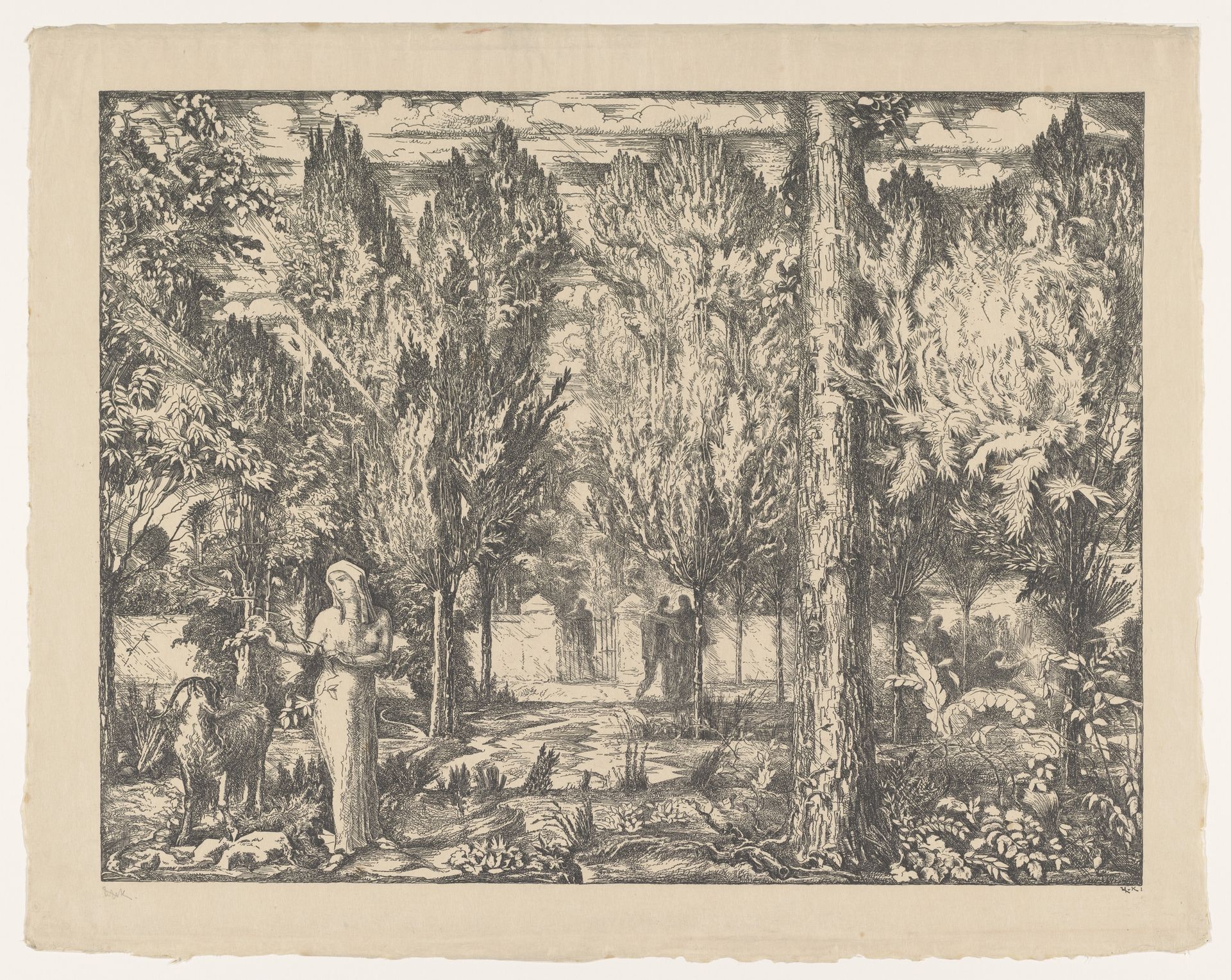 Vrouw en ram in ommuurde tuin by Willem van Konijnenburg
