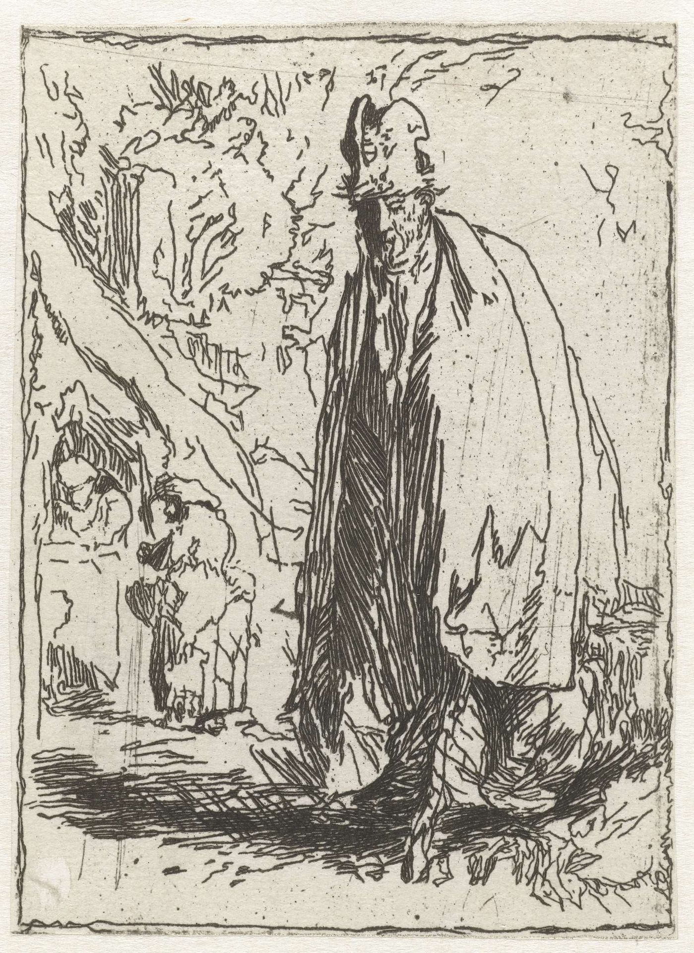 A beggar in a tall hat and long cloak, with a cottage and two figures in the background by Léopold Flameng