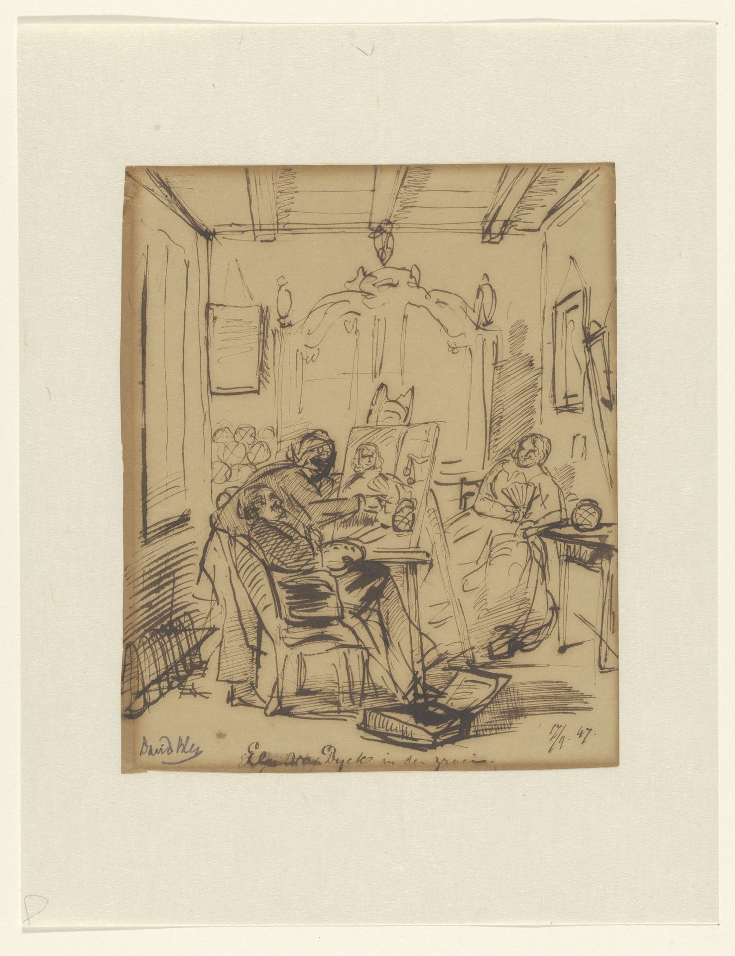 Portretschilder in een interieur, met zittend model en derde figuur. by David Bles