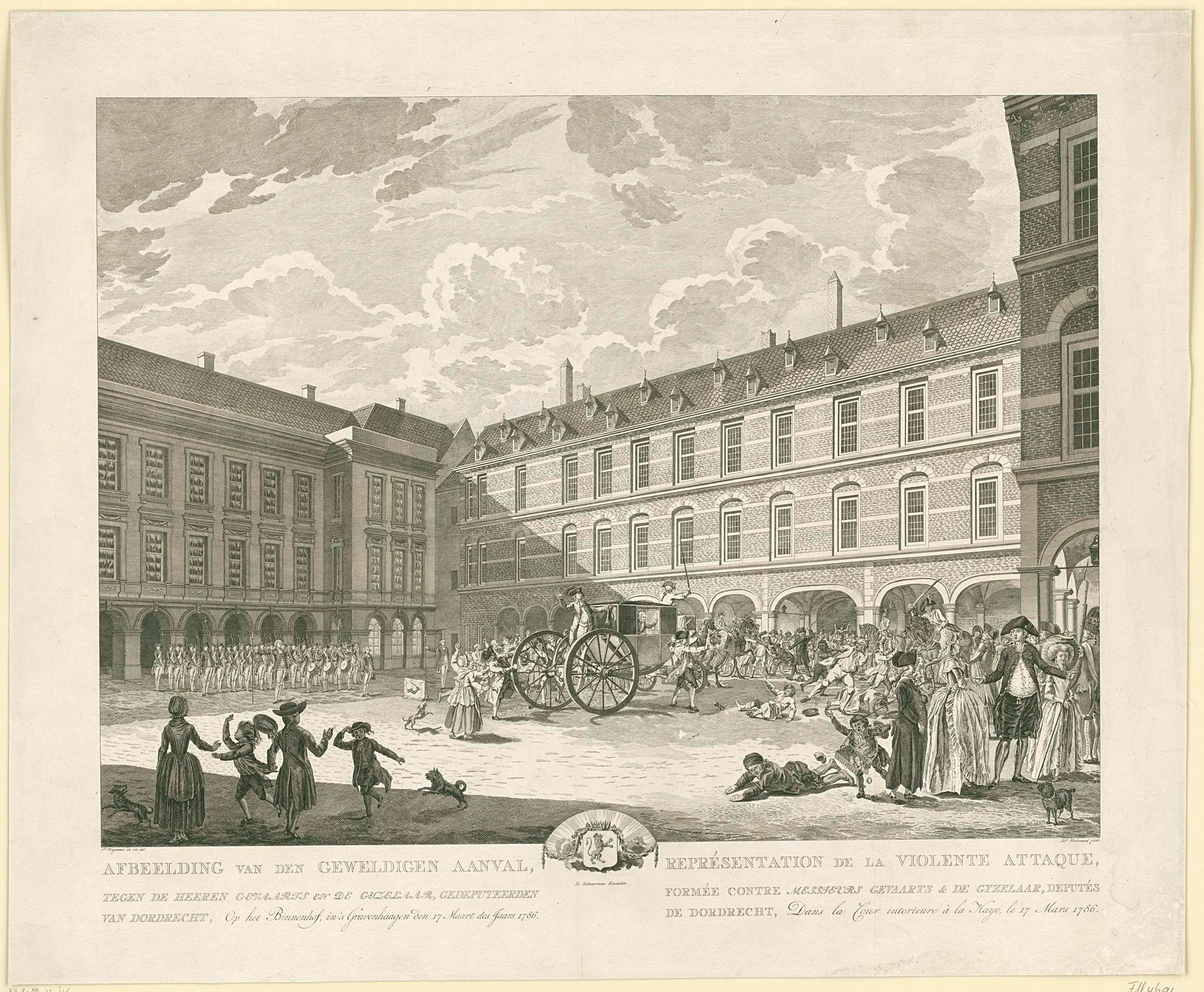 Ongeregeldheden als de Gedeputeerden van Dordrecht door de Stadhouderspoort rijden op het Binnenhof, 1786 by Daniël (I) Veelwaard